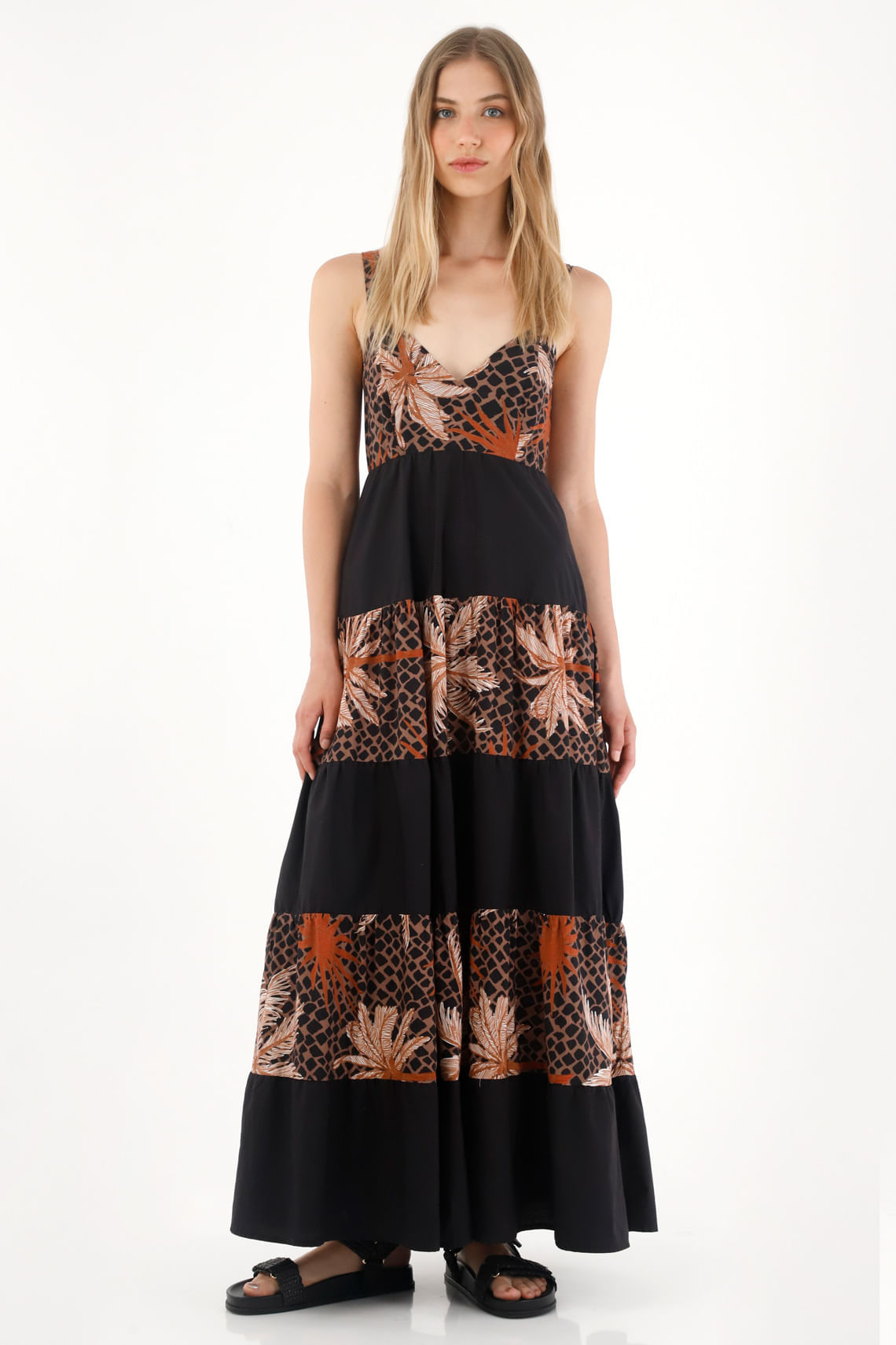 Vestido largo de franjas estampadas negro para mujer