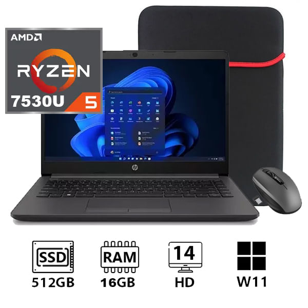 Portatil Hp 245 G10 Amd Ryzen 5 7530u Ssd 512Gb Ram 16Gb 14" HD Wind 11 Mas Funda y Mouse Inalambrico