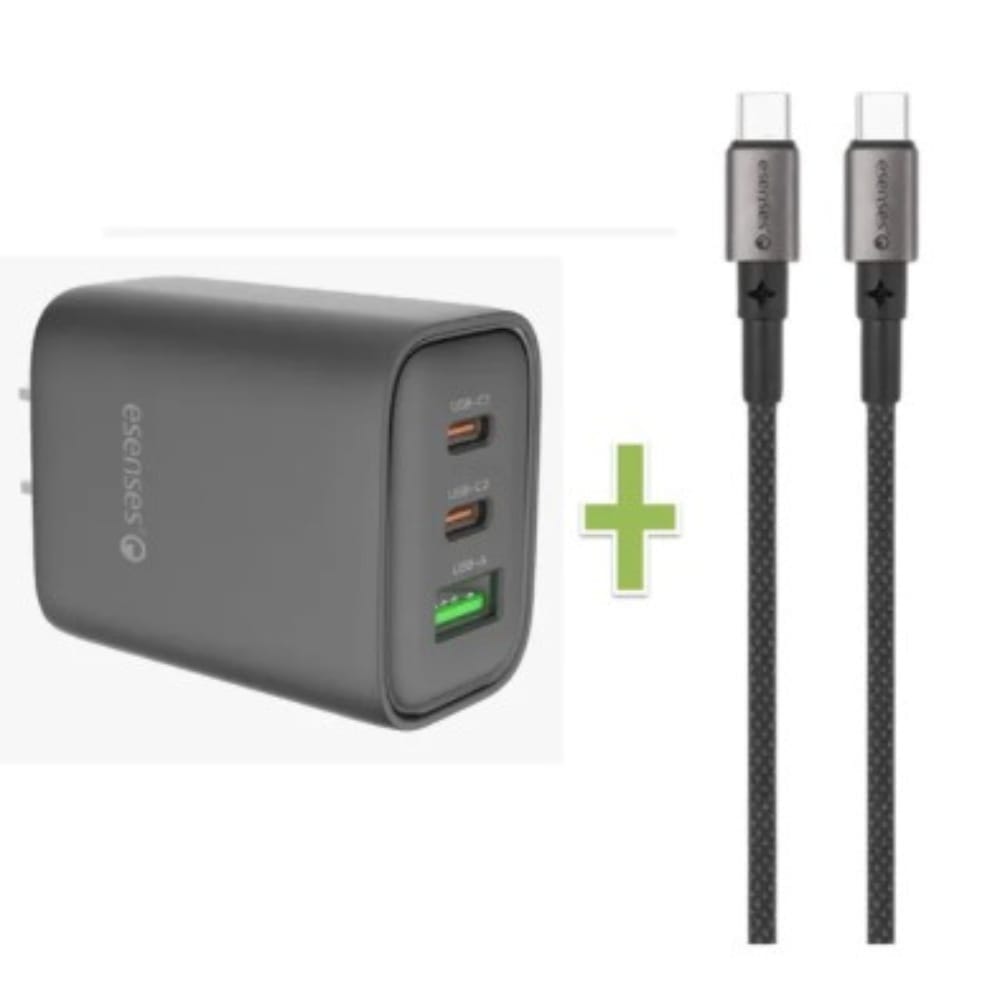 Adaptador  Cargador de Pared ESENSES 65 watts (TIPO C|TIPO C| USB ) + Cable USB-C A USB-C 1 Metro Negro