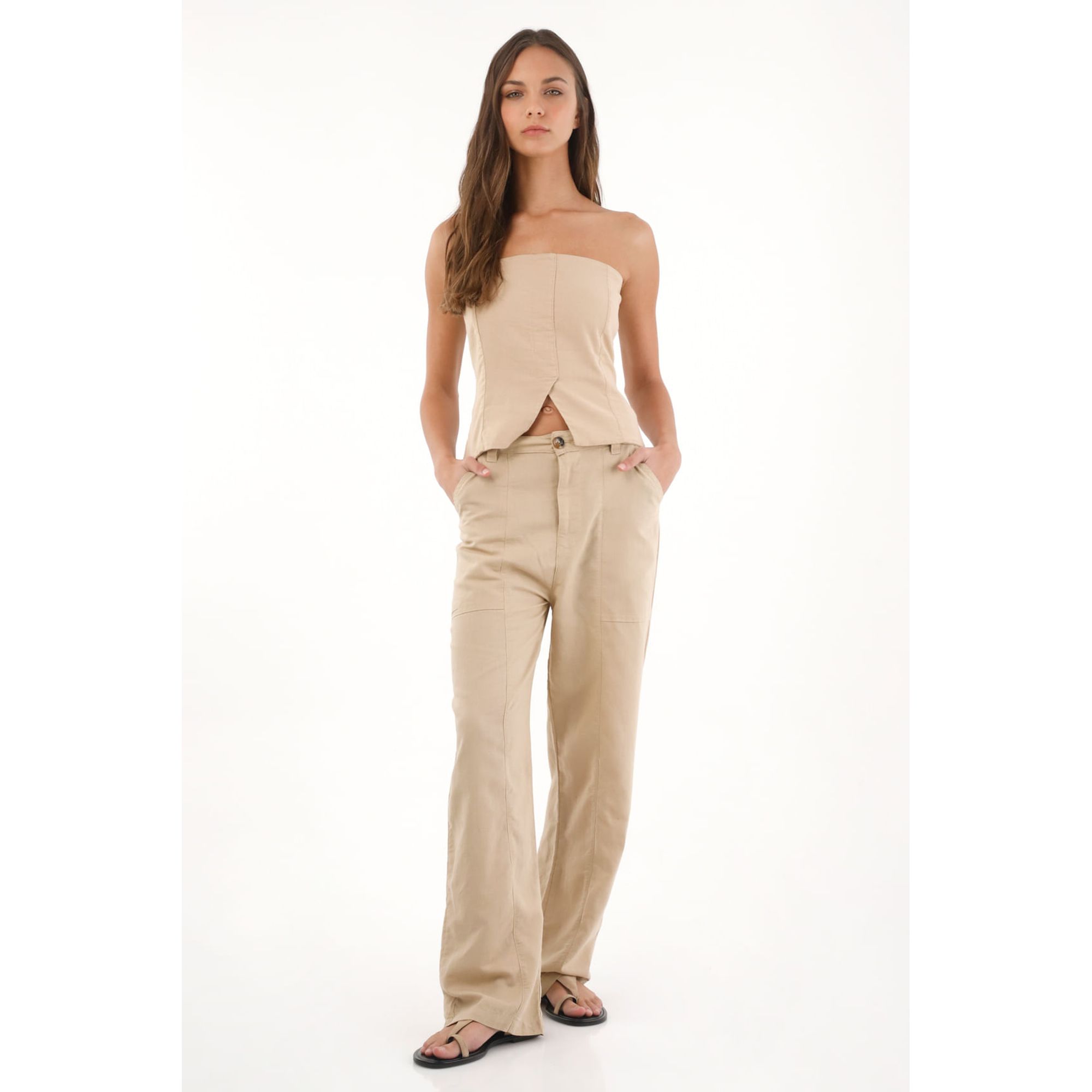 Camisa strapless con cortes café para mujer