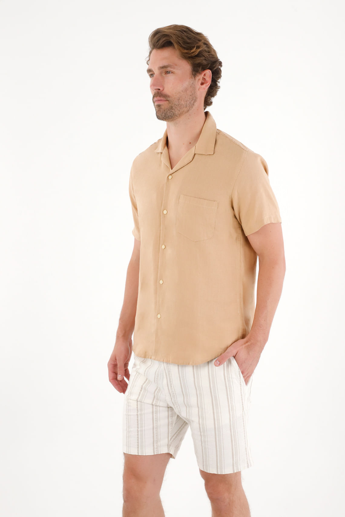 Camisa manga corta en 100% lino café para hombre