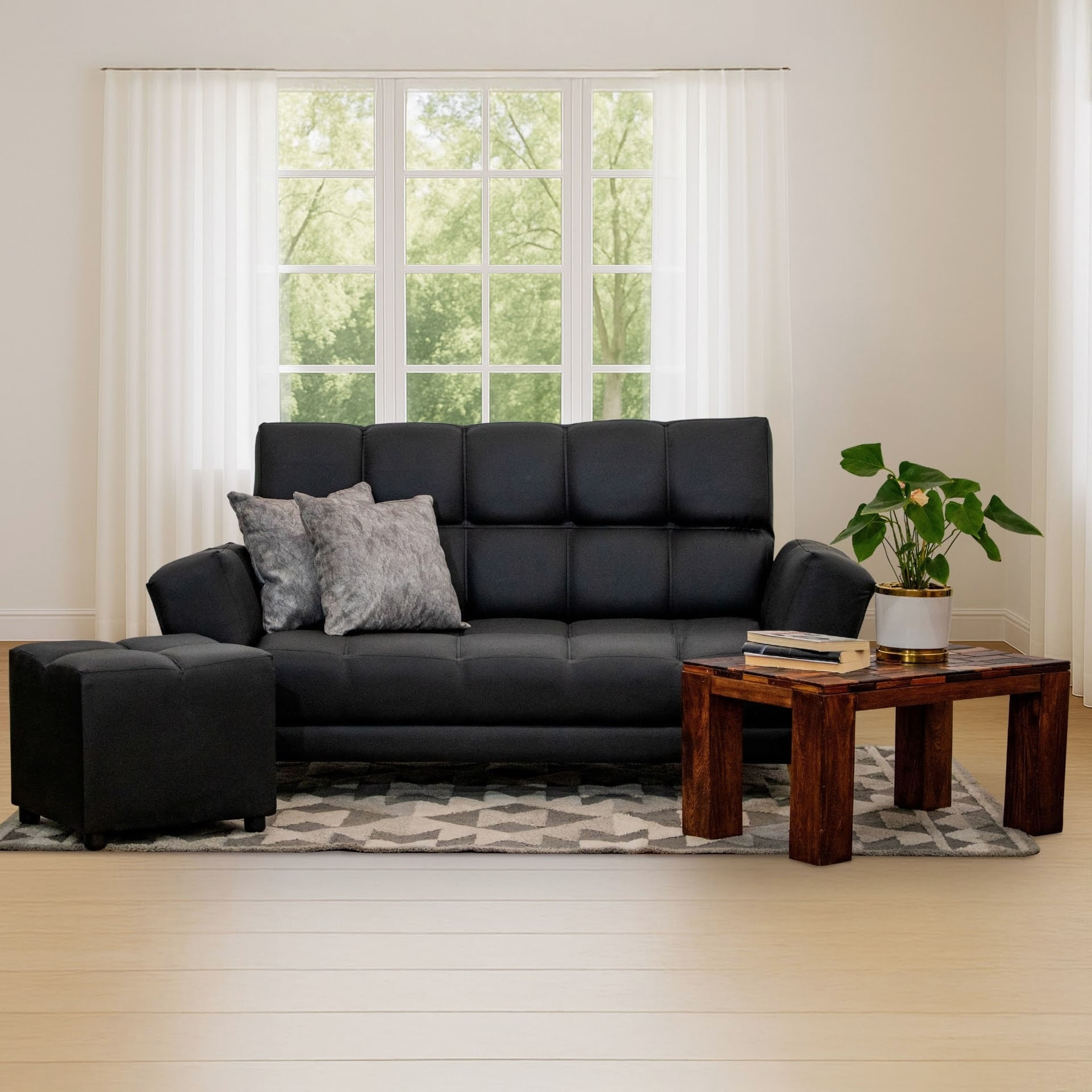 Sofa Cama Ocean Sintetico Negro Con Puff