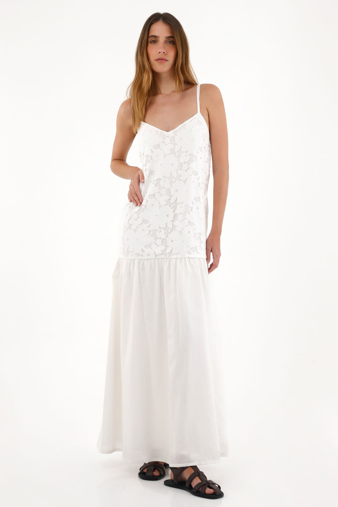 Vestido largo en contraste de telas crudo para mujer