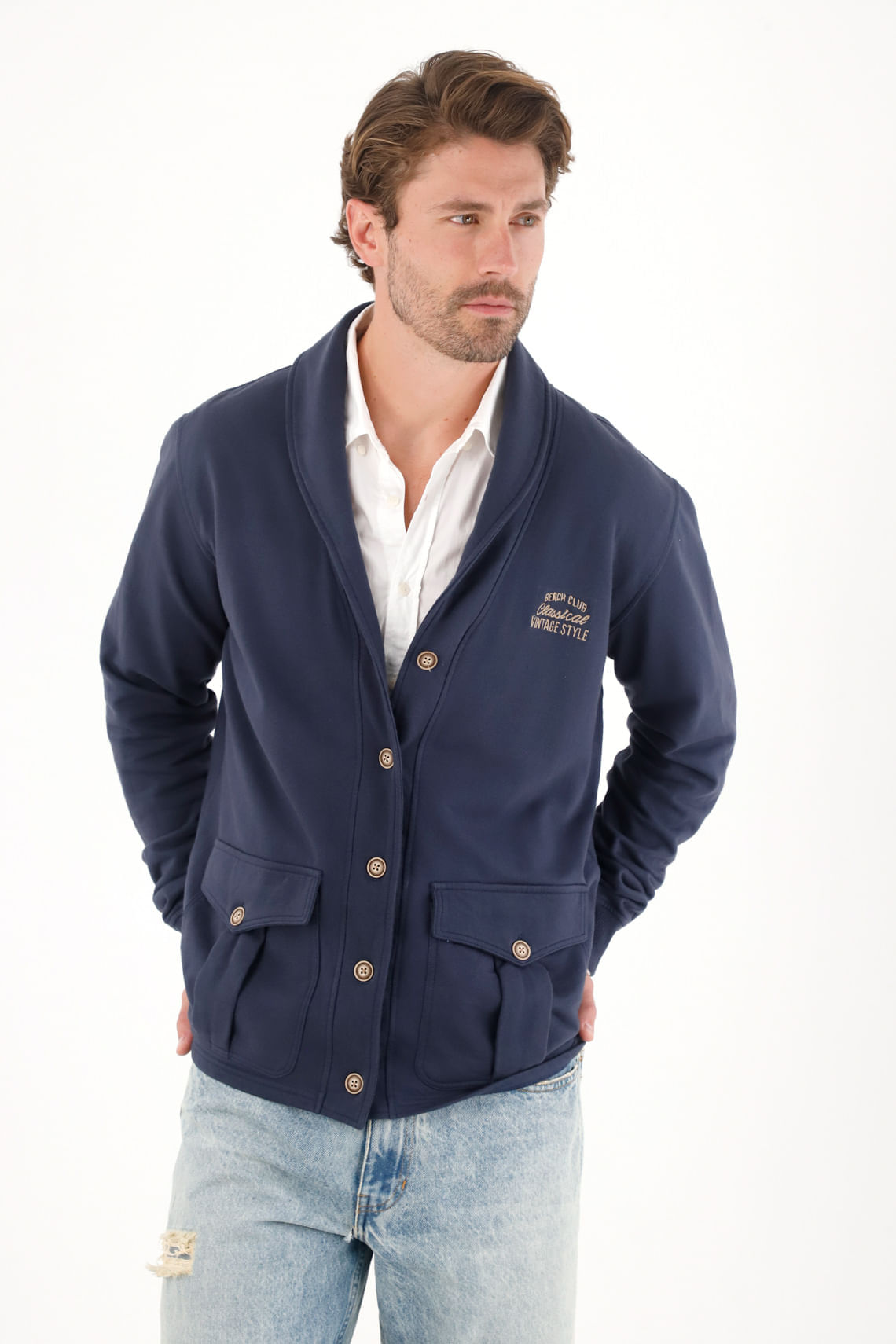 Buzo en burda con botones azul para hombre