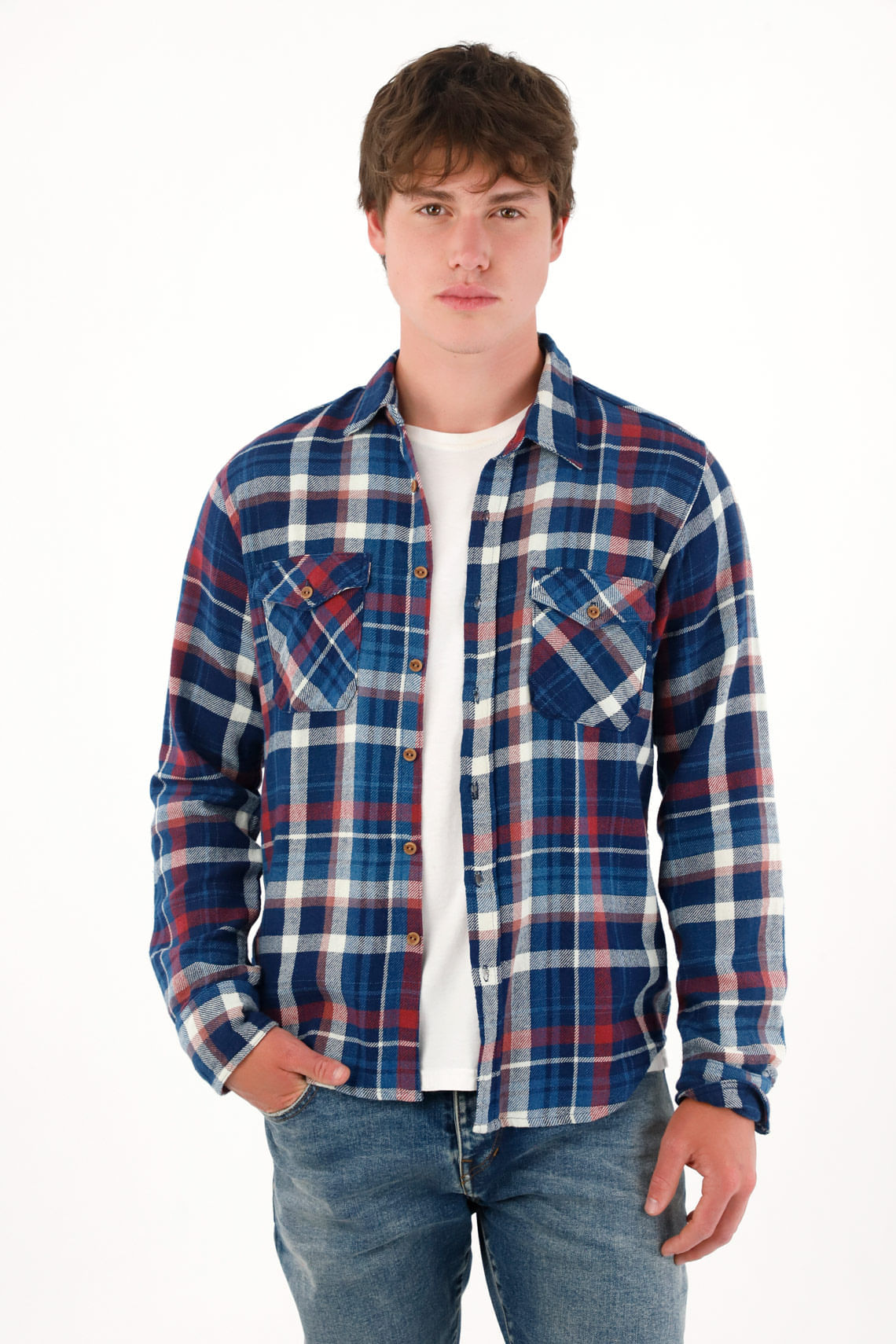 Camisa manga larga con diseño a cuadros multicolor para hombre