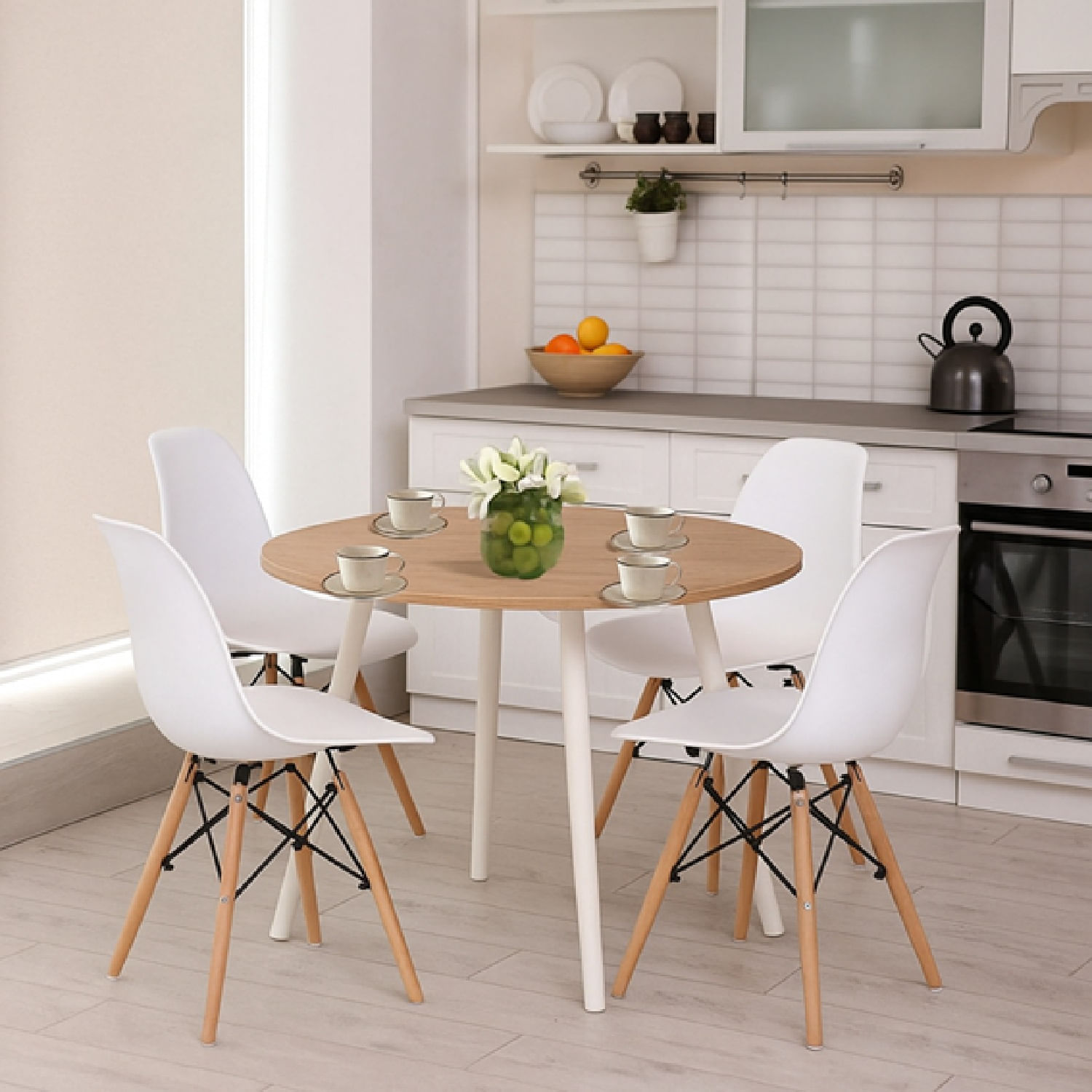 Combo Comedor redondo 4p (75x80x80) Duna + 4 Sillas blancas