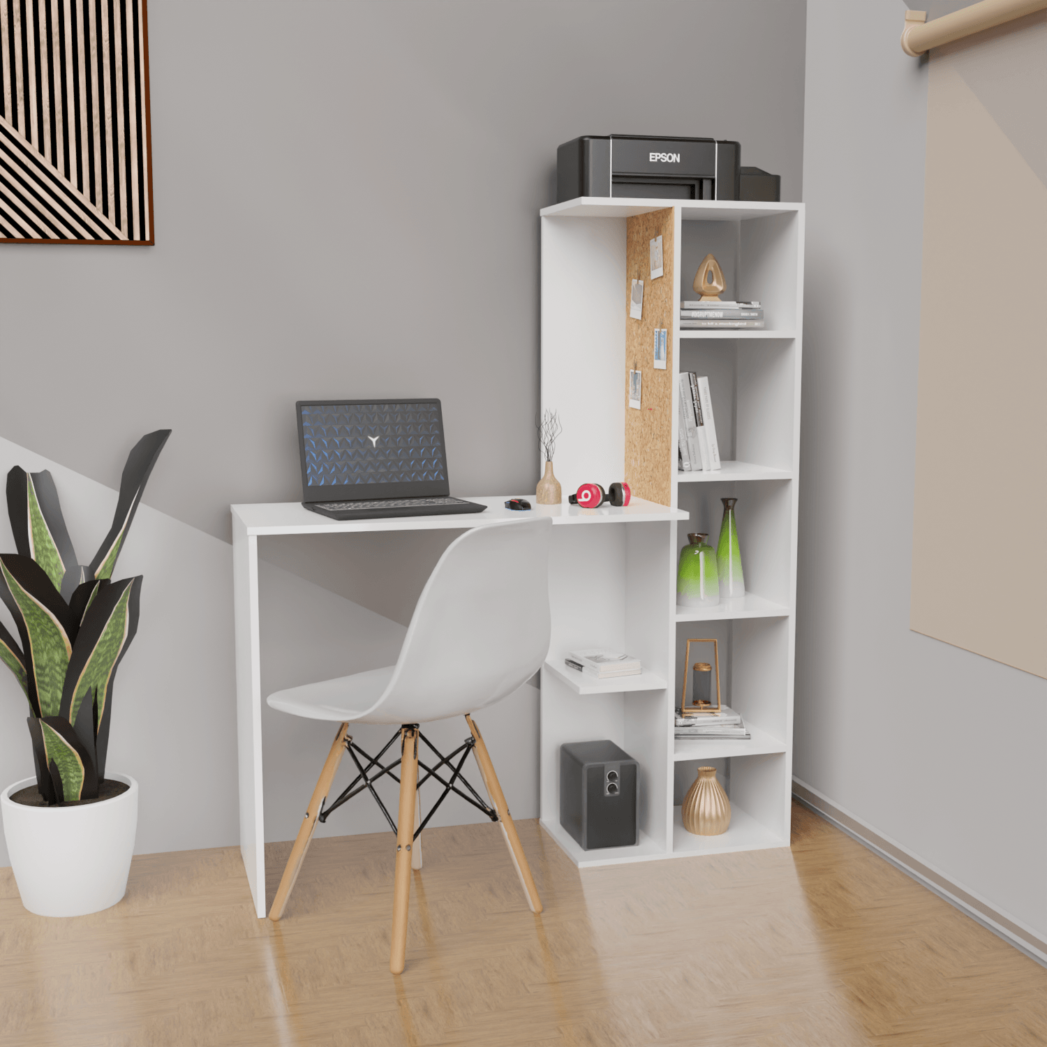 Combo Escritorio Home Con tablero de corcho+Silla eames Blanca (140x120x40) Blanco