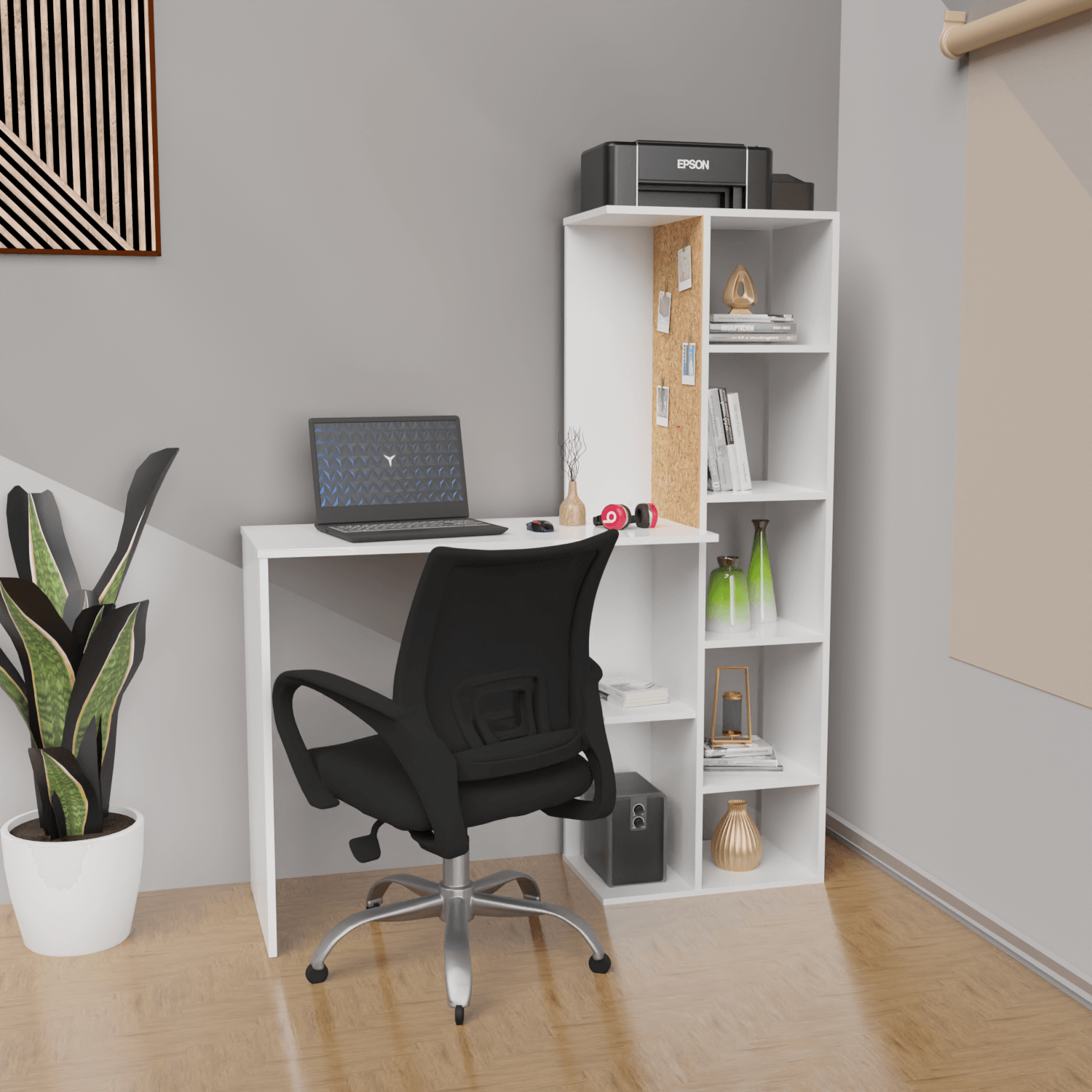 Combo Escritorio Home Con tablero de corcho + Silla Office (140x120x40) Blanco