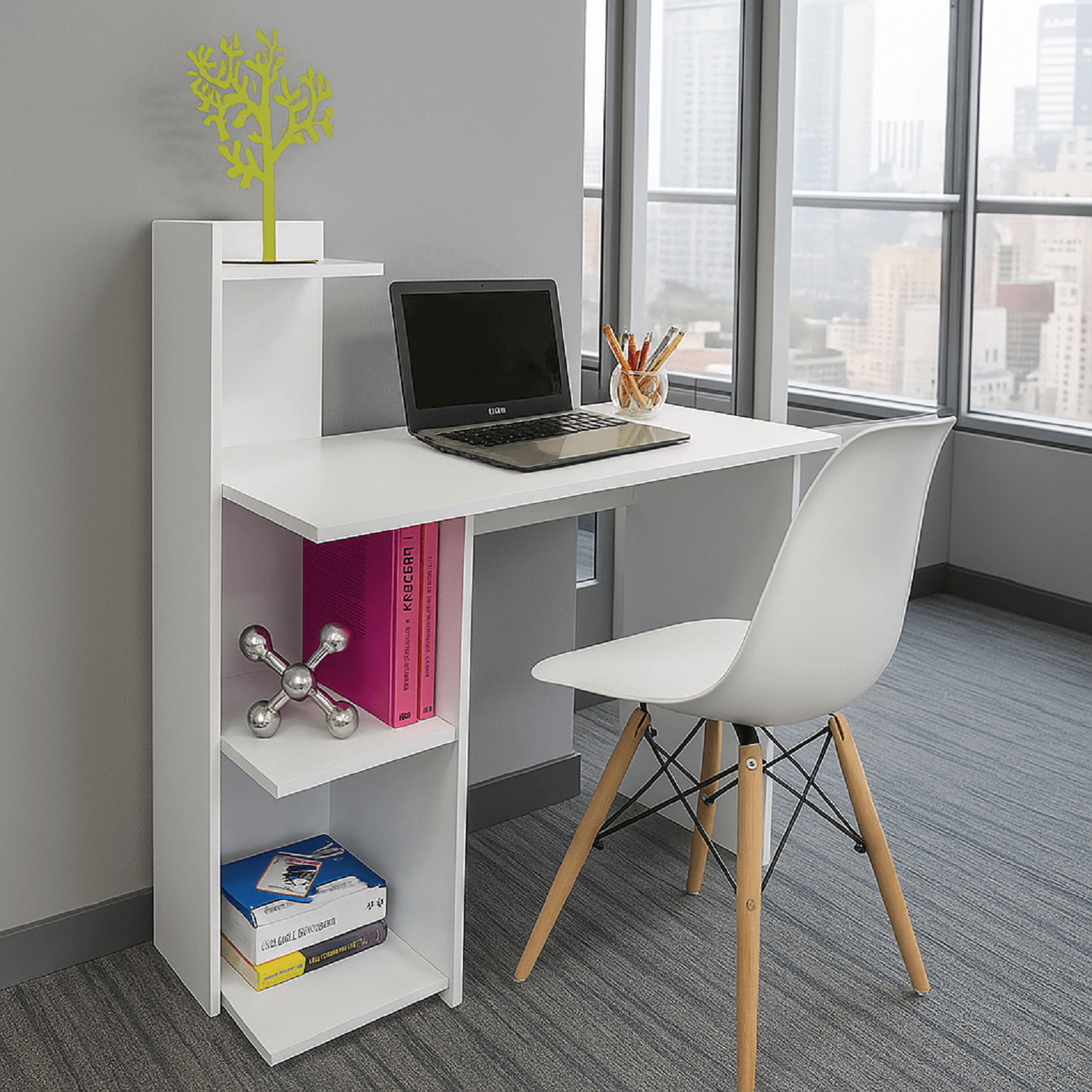 Combo Escritorio-Biblioteca (110x110x40) Blanco + Silla blanca