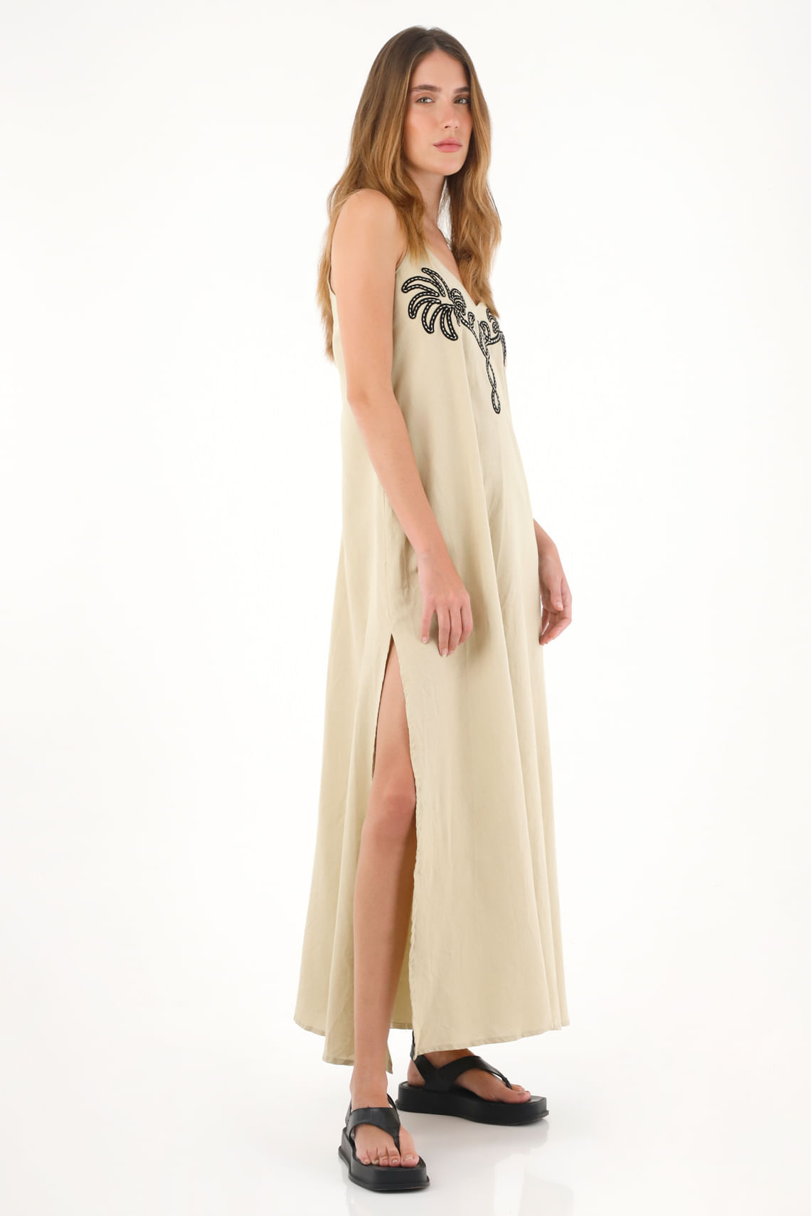 Vestido largo de tiras café para mujer
