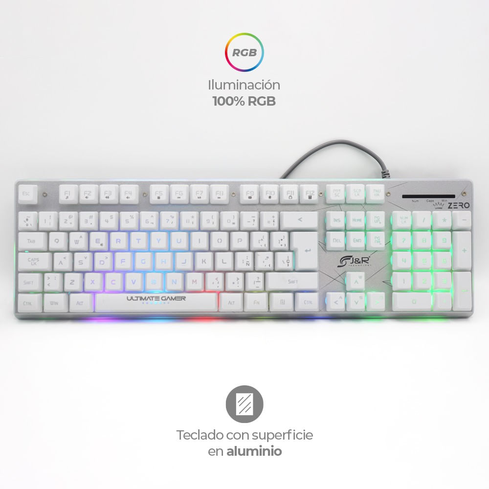 Combo Gamer 3 En 1 Pro Zero Rgb, Blanco, Teclado Semi Mecanico con 11 efectos de iluminación y Software, Mouse 6 Botones, Macro