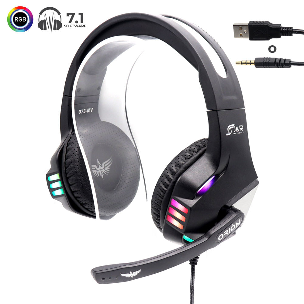 Gamer RGB Orion con innovador sistema de conexión 2 en 1: USB (para sonido 7.1 canales virtuales en PC / Laptop) o 3.5mm Exclusiva diadema
