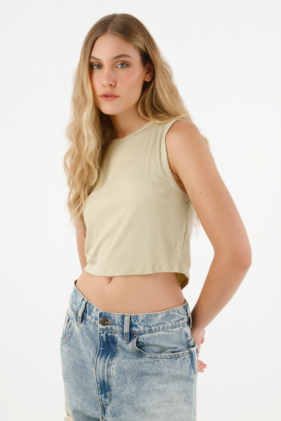 Camiseta crop manga sisa verde para mujer