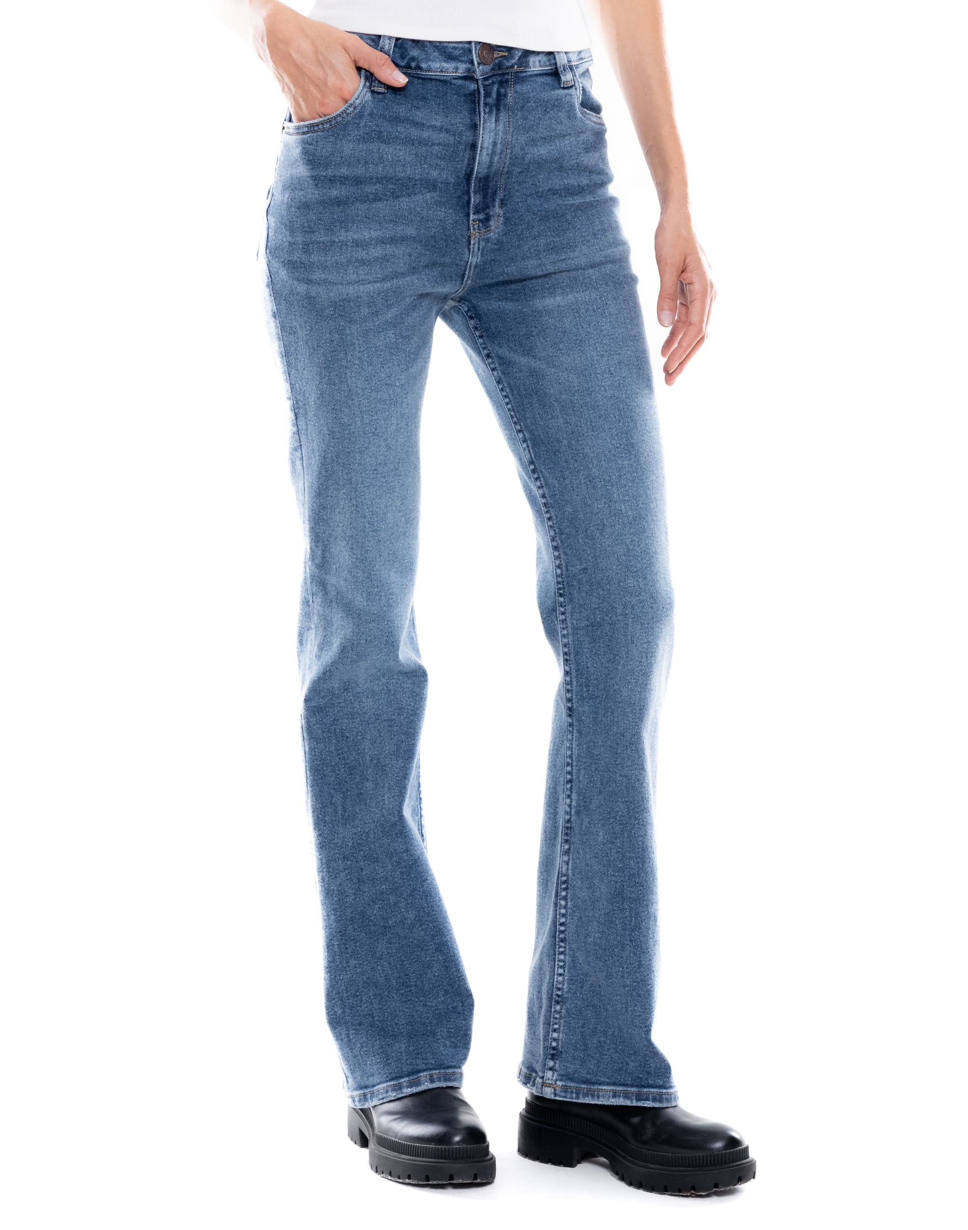 High Waist Flare Jeans Tono Medio Con Desgastes