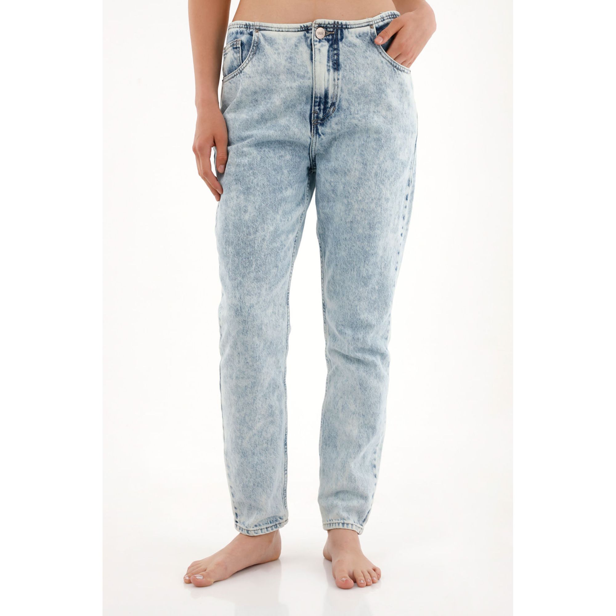 Jean Mom tiro bajo sin pretina para mujer