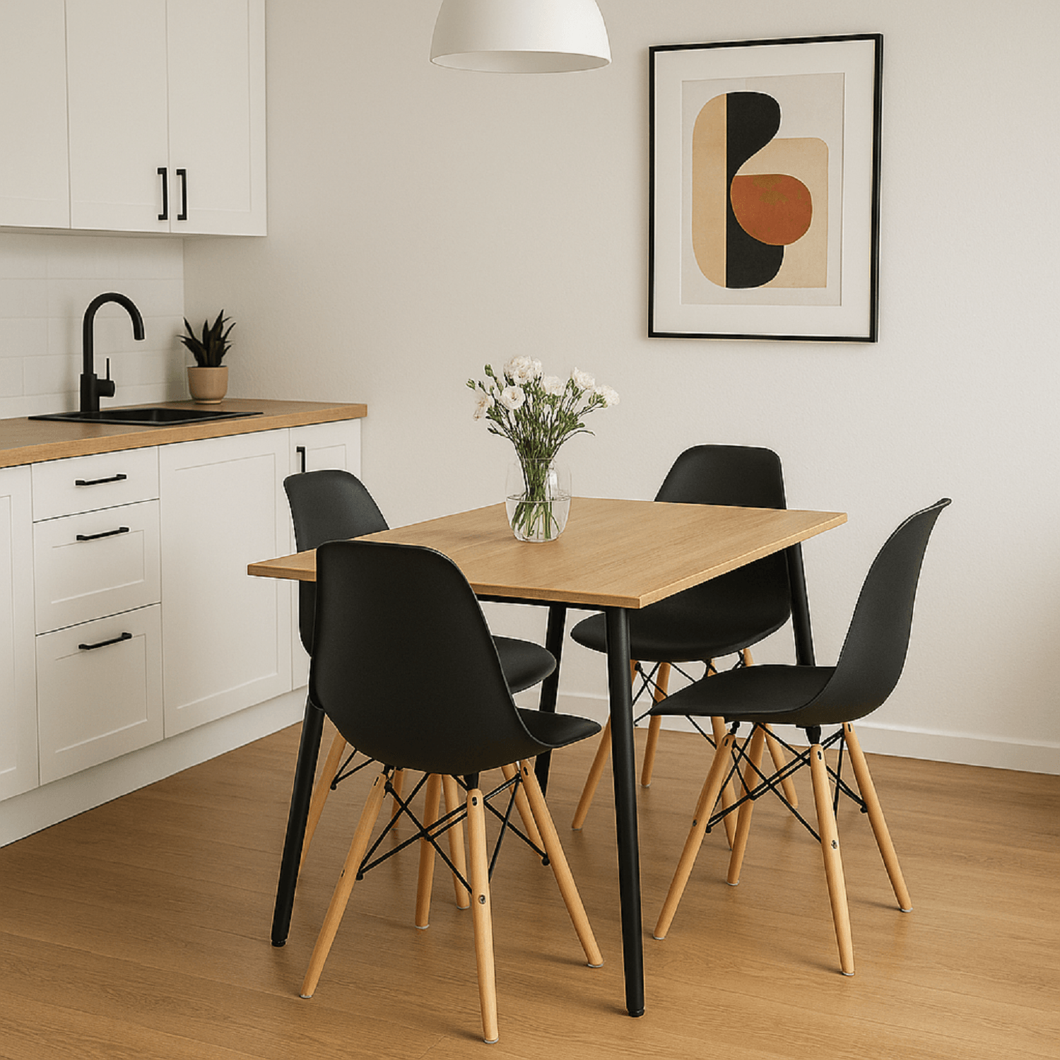Combo Comedor rectangular 4p (75x110x70) Amaretto + 4 sillas negras