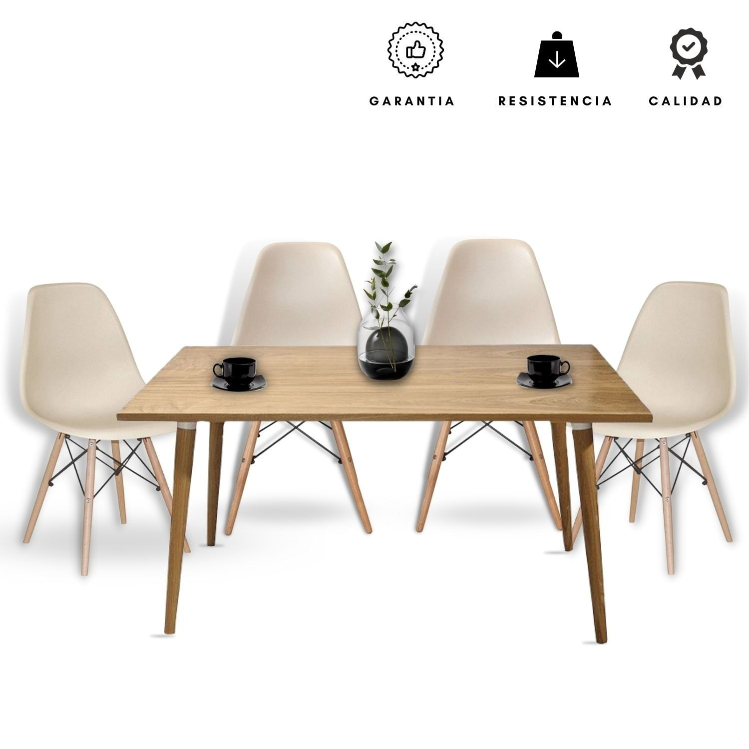 Juego de Comedor Madera Robledo con 4 Sillas Eames arena