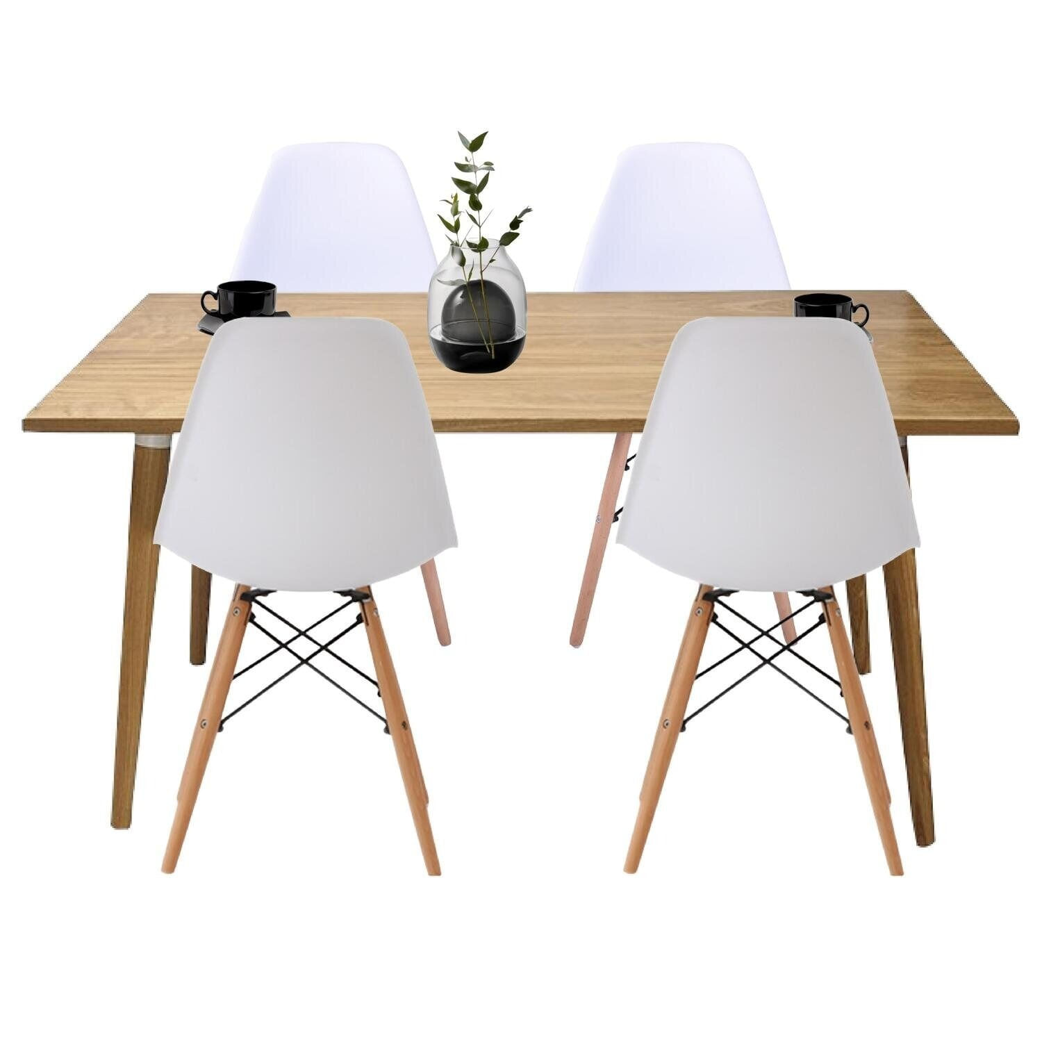 Juego de Comedor Madera Robledo con 4 Sillas Eames blanca