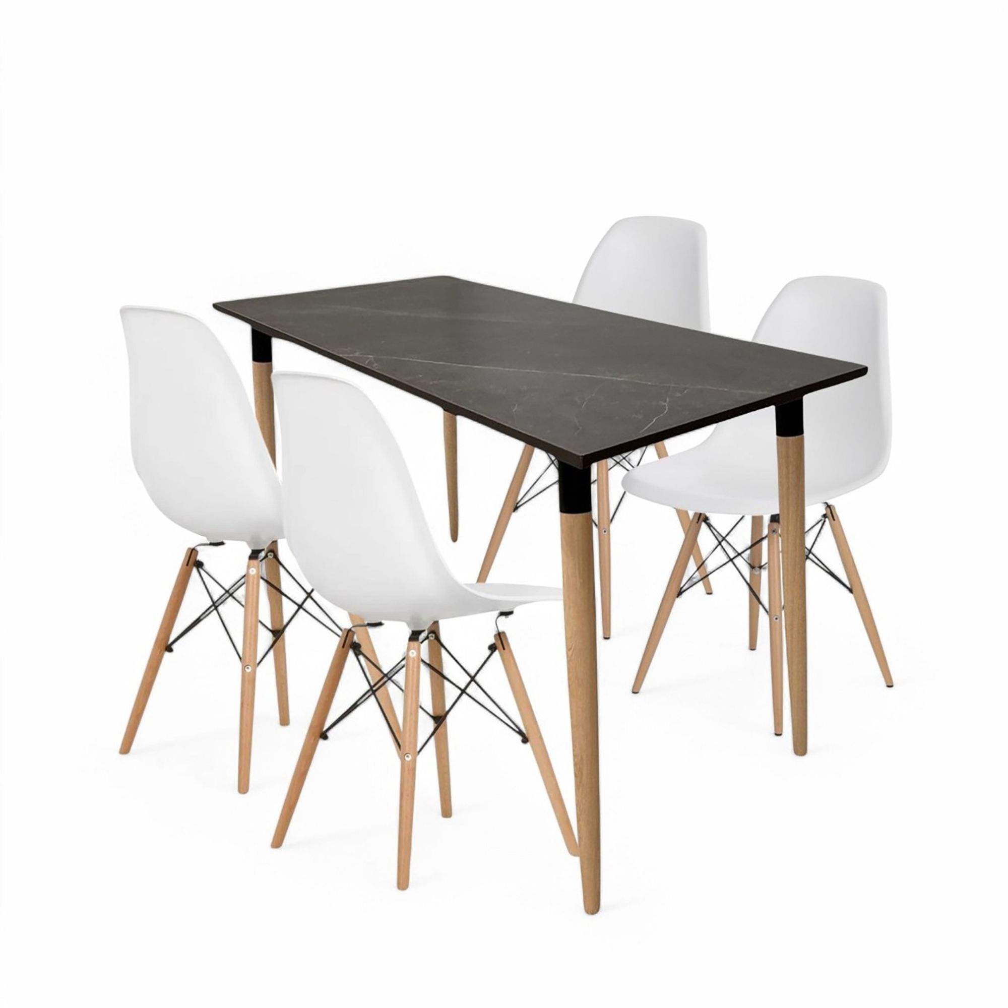 Juego de Comedor Haby negro con 4 Sillas Eames blancas