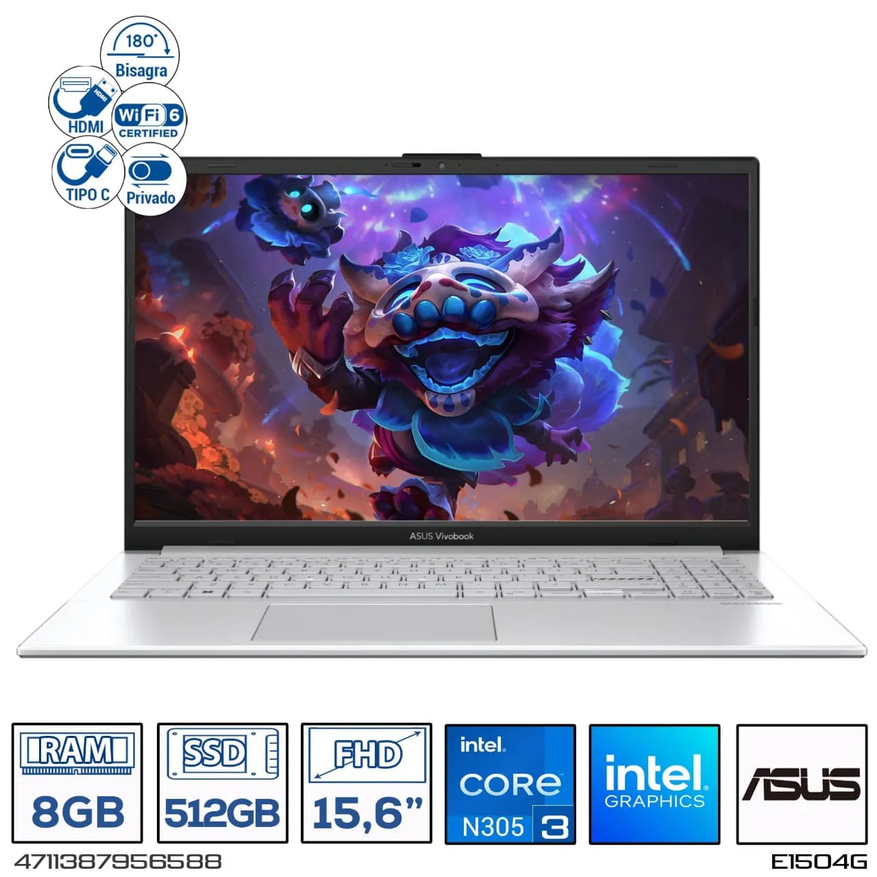Computador Portatil Asus E1504G Intel Core i3-N305 Ram 8GB - 512GB Silver FHD