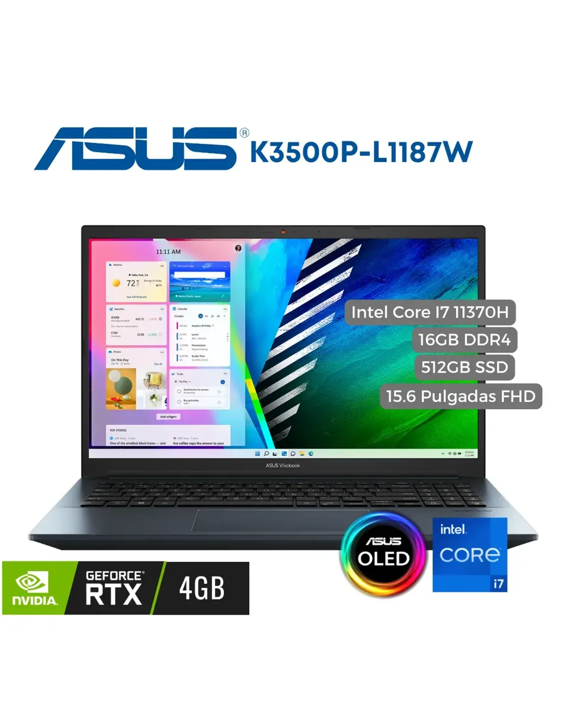 Portátil Asus K3500P Intel CI7 11370H, 16GB, 512SSD PCIe, 15.6" OLED FHD, W11, RTX 3050 4GB