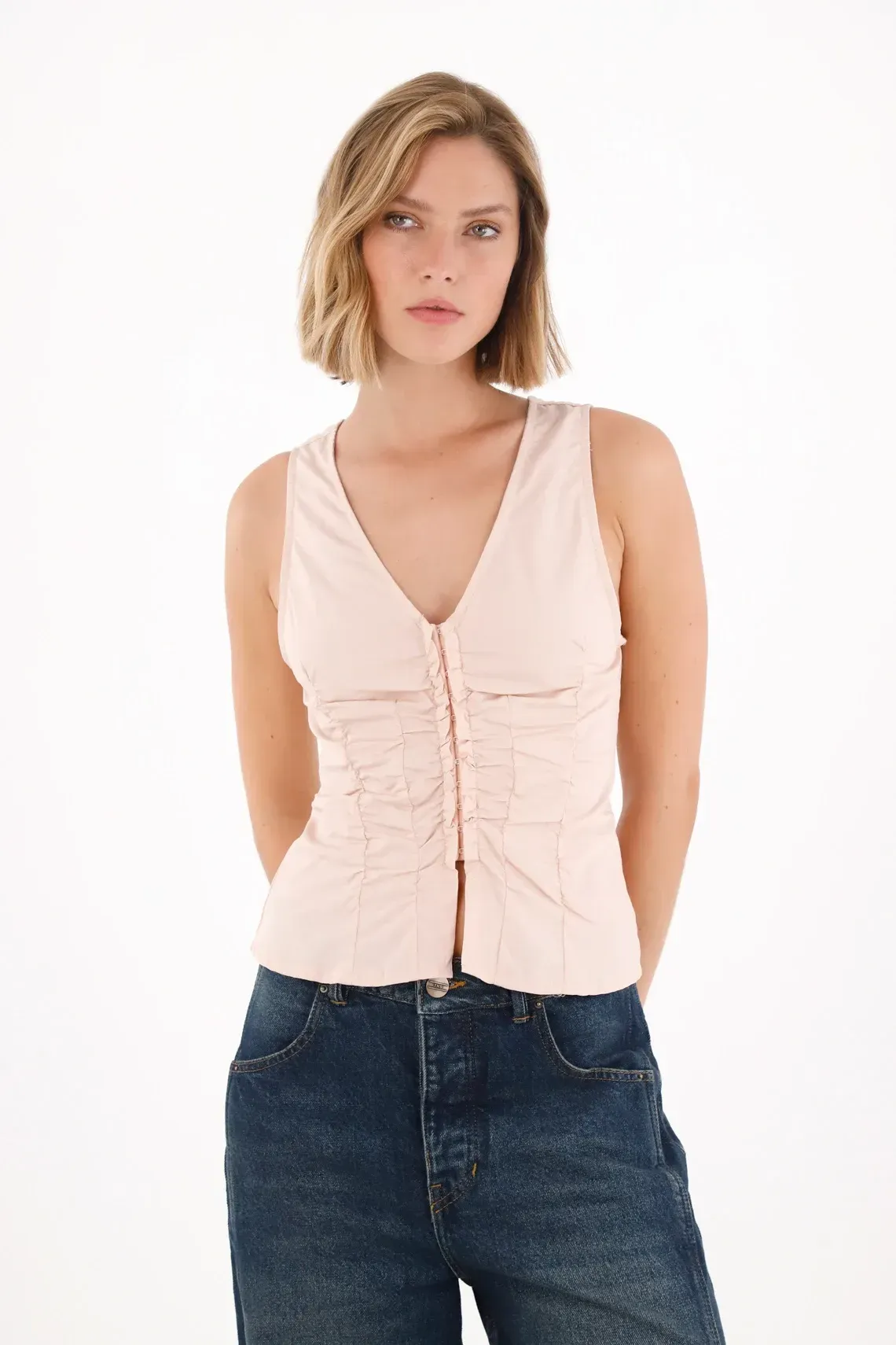 Camisa manga sisa en popelina rosada para mujer