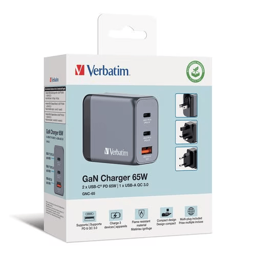 Cargador Verbatim GAN de G5W Dos puertos USB-C PD y un puerto USB-A QC 3.0