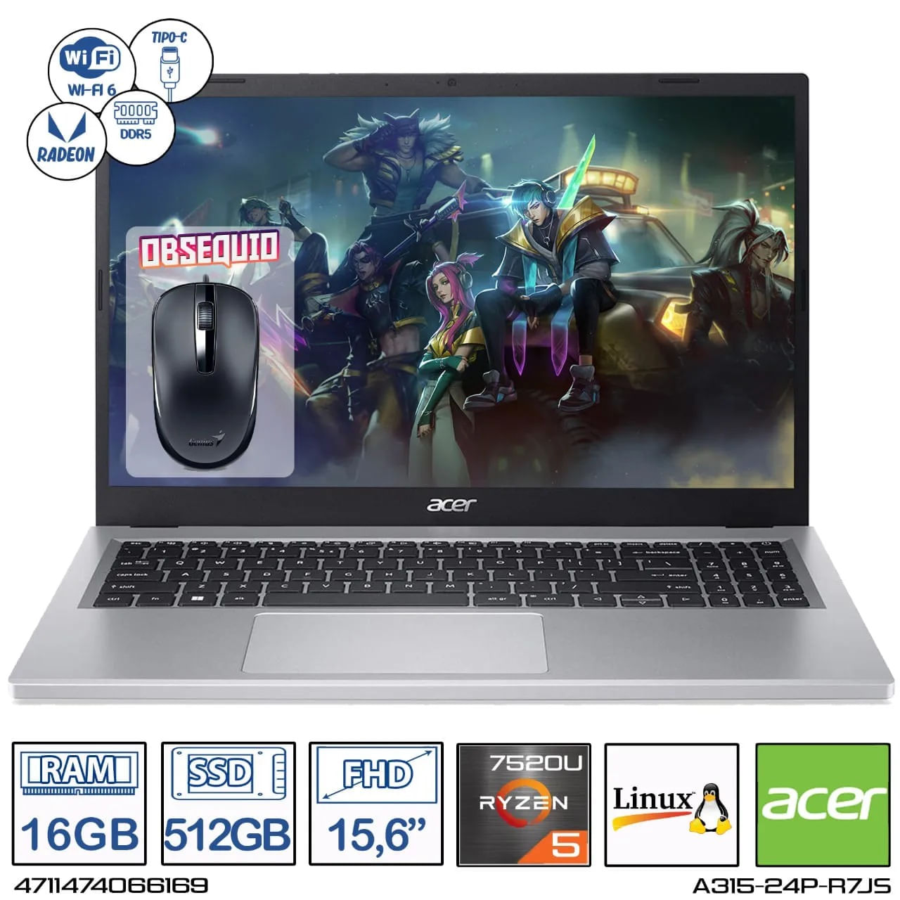 Computador Acer A315-24P-R7JS AMD Ryzen 5-7520U Ram 16GB - 512GB FHD 15,6