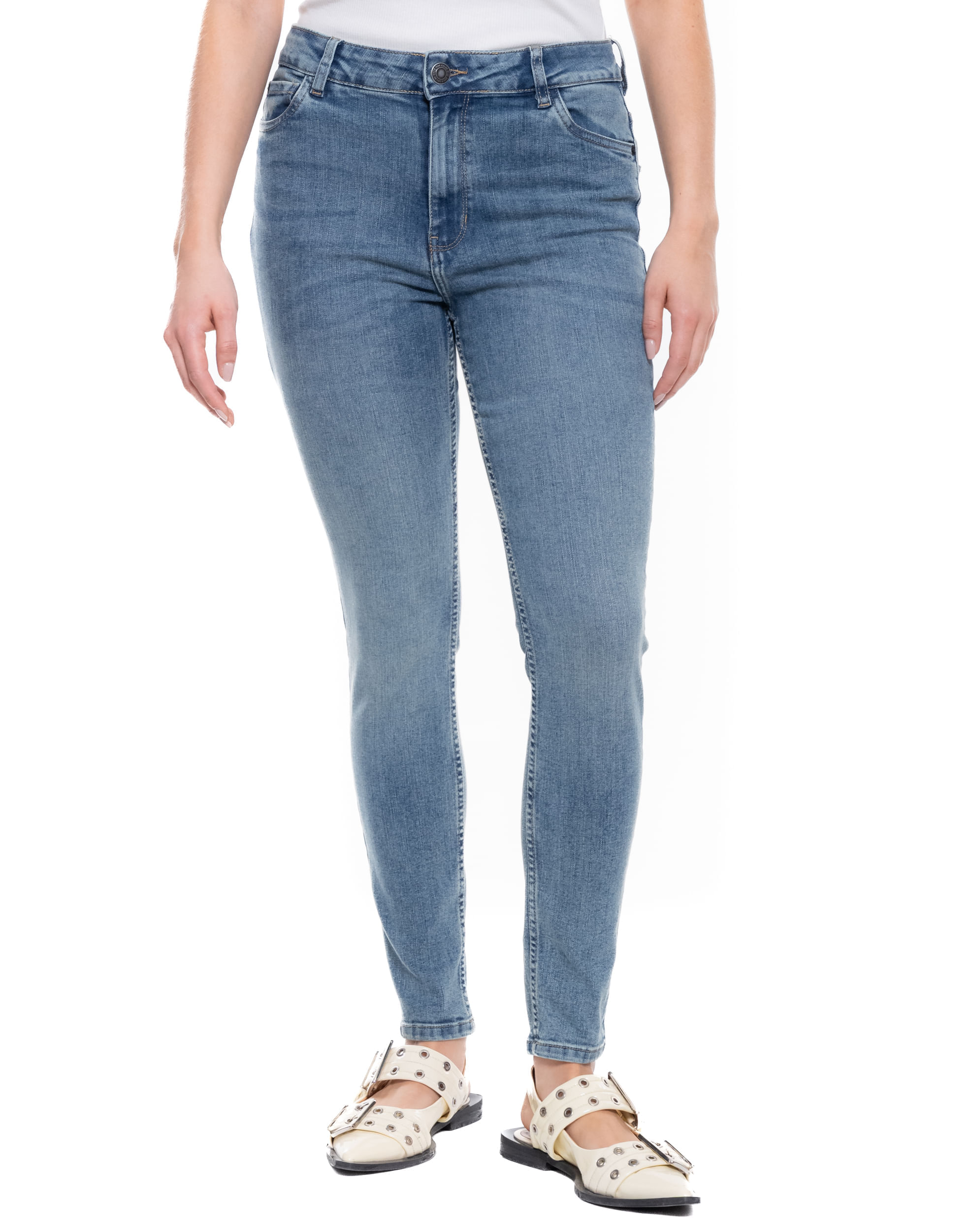 High Waist Skinny Fit Jeans Tono Medio