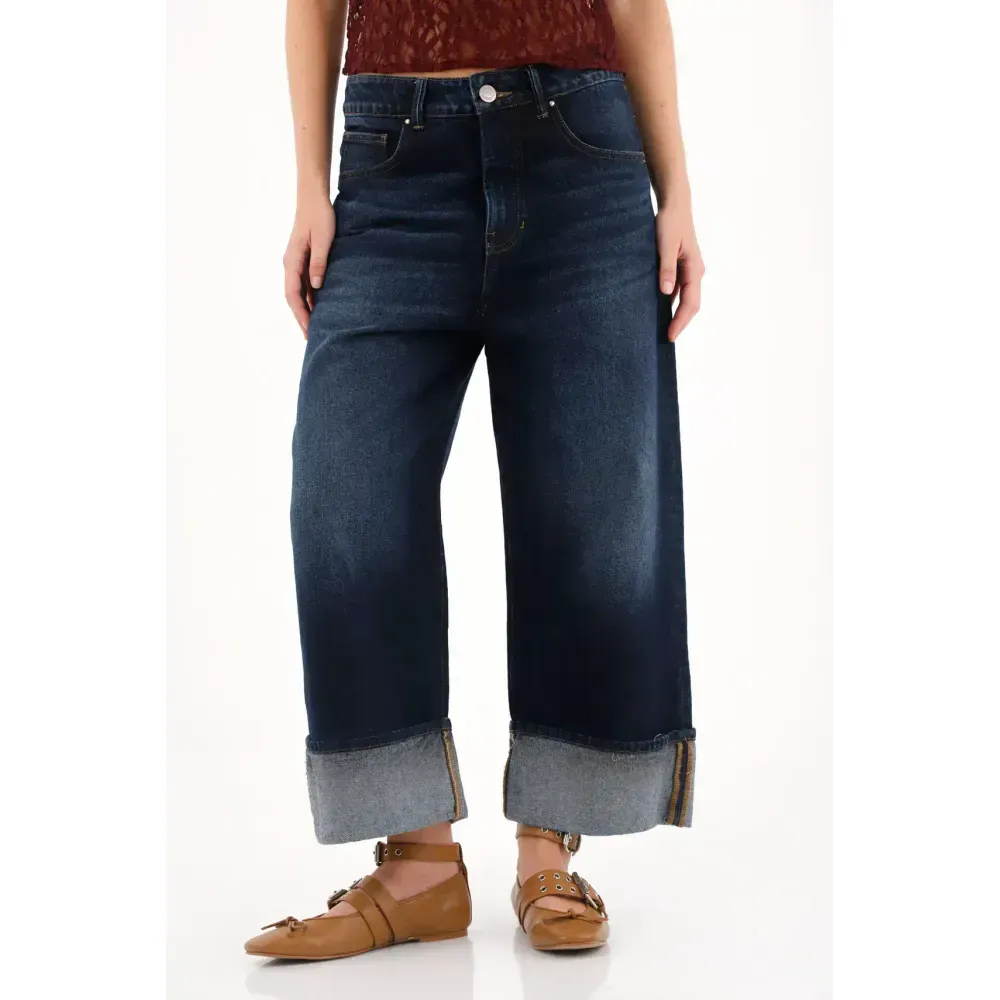 Jean tipo Loose con ruedo dobladillado azul para mujer