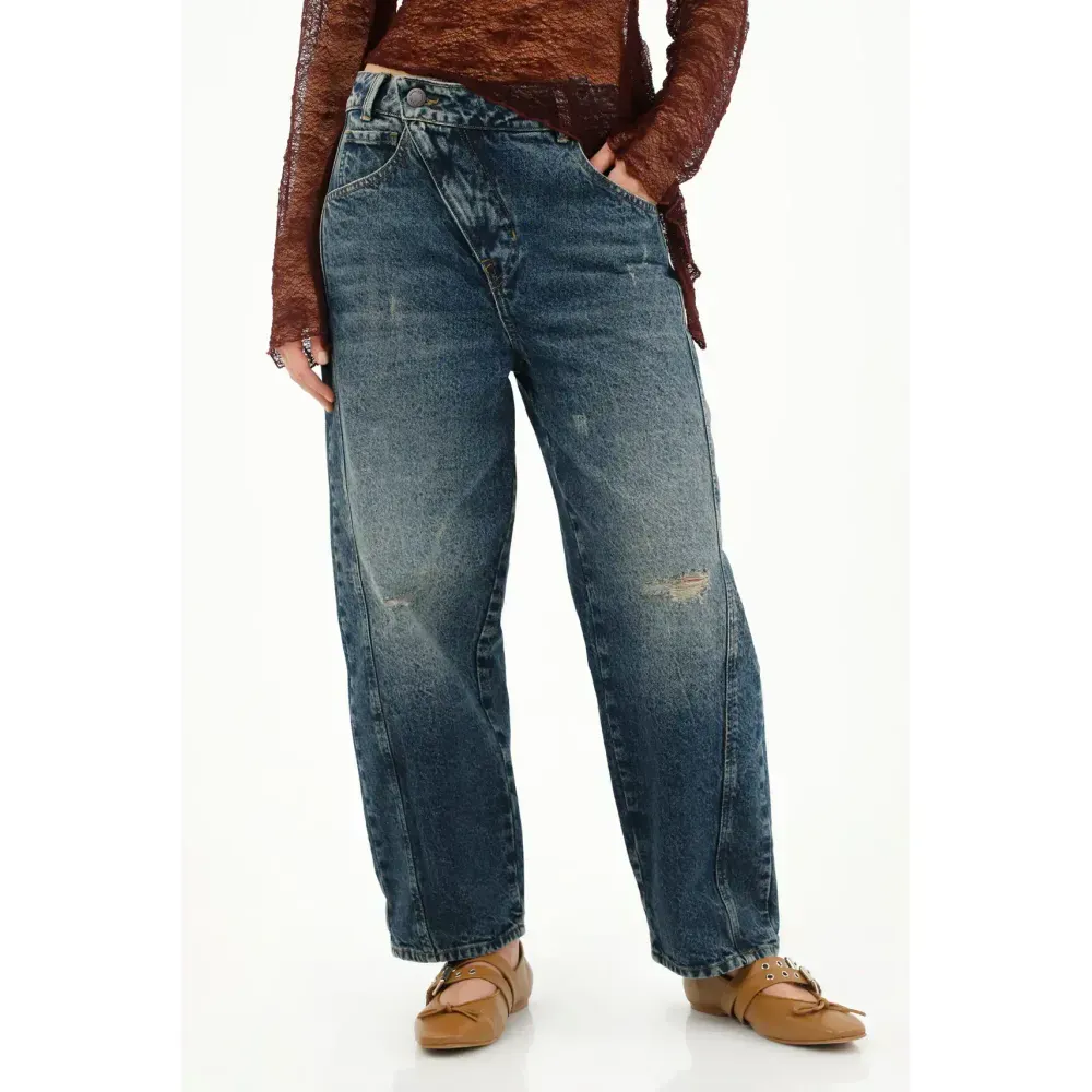 Jean Horseshoe tiro bajo con rotos azul para mujer