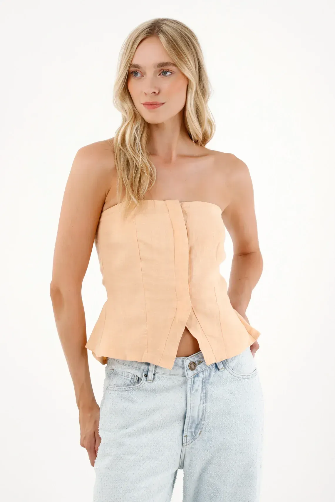 Camisa strapless en 100% lino para mujer