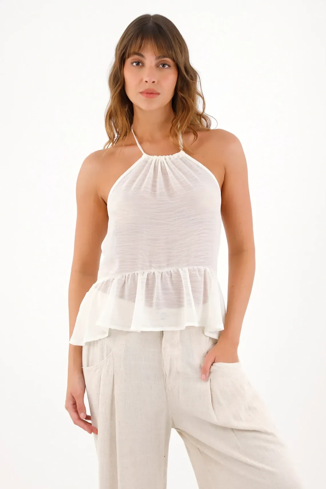 Camisa cuello halter con bolero crudo para mujer