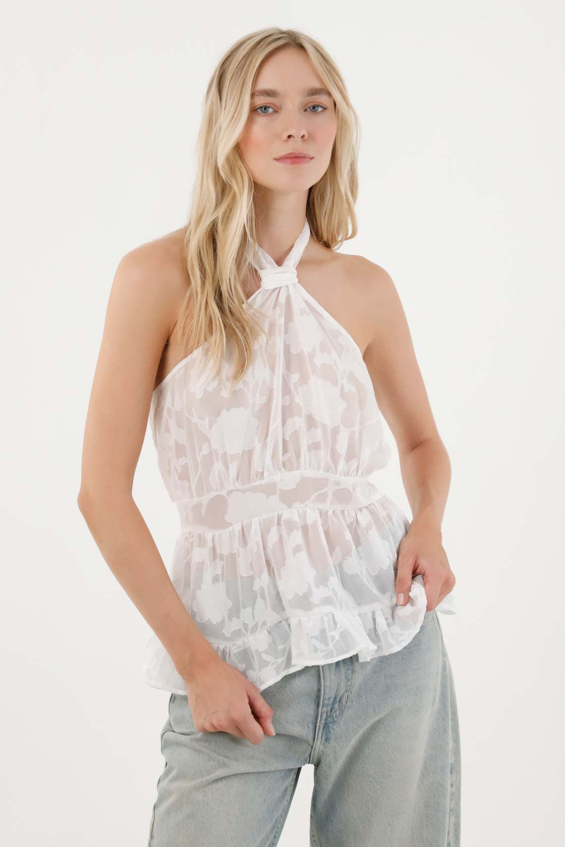 Camisa en tela chifón halter crudo para mujer