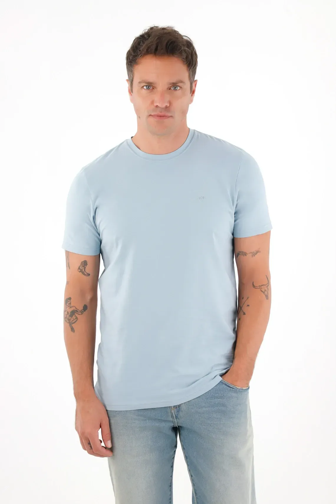 Camiseta manga corta con raqueta estampada azul para hombre