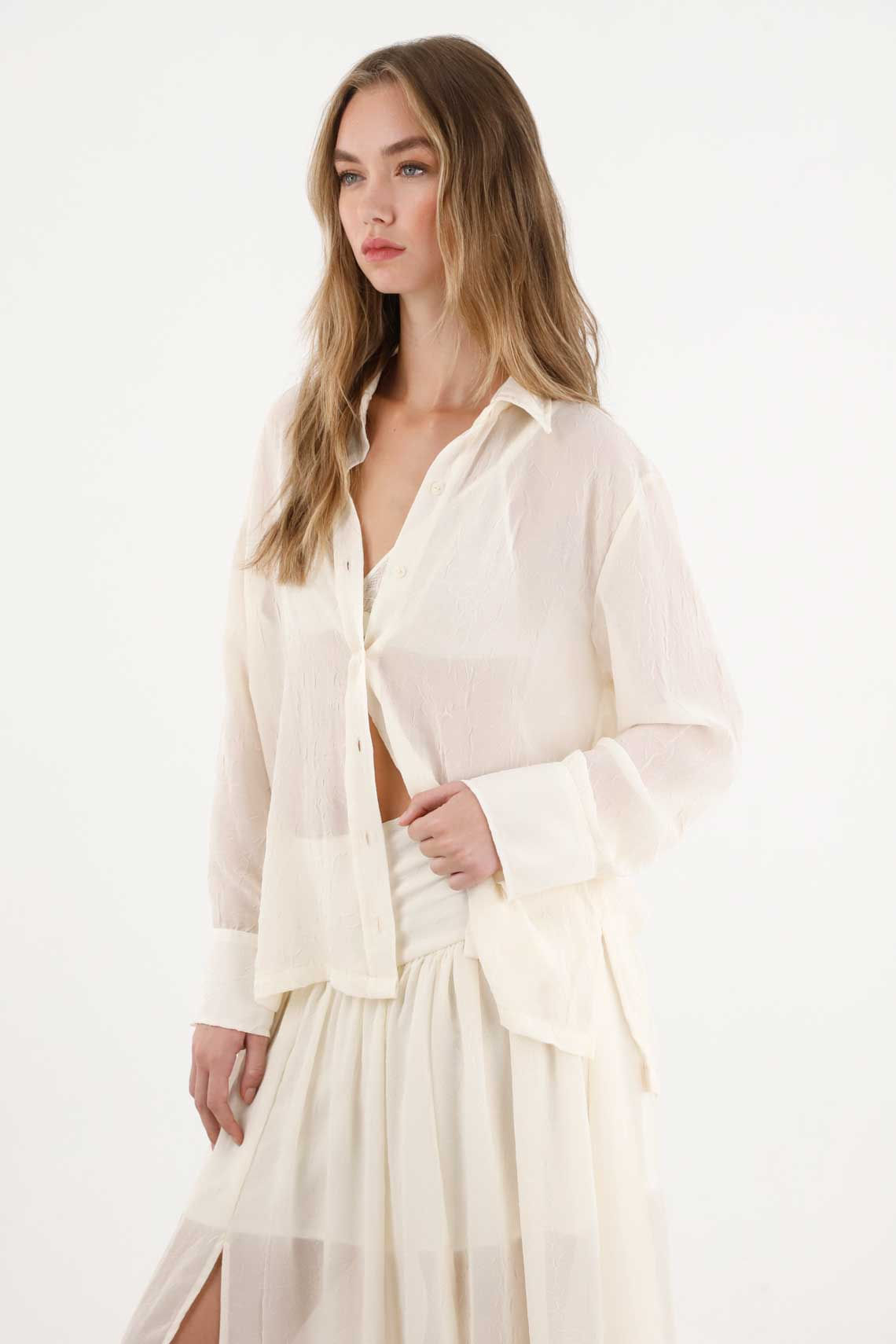 Camisa manga larga con transparencia crudo para mujer