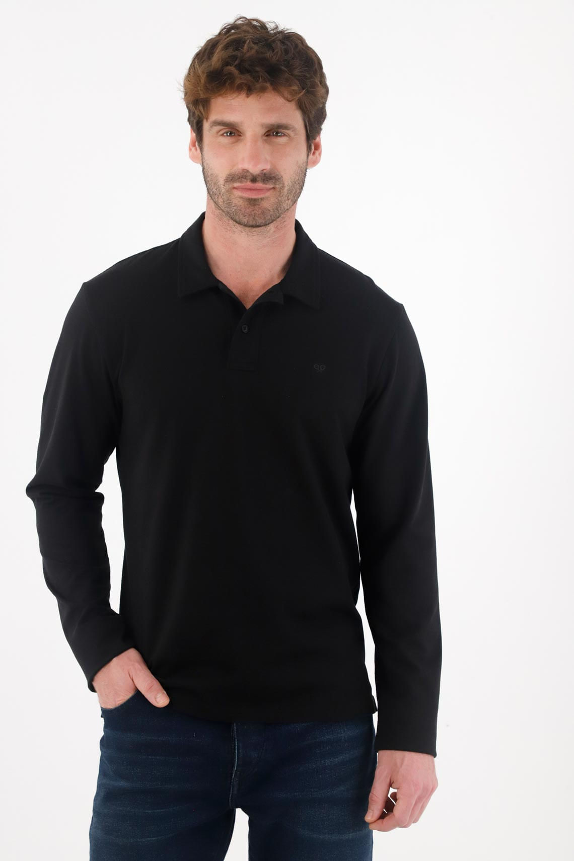 Polo manga larga negra para hombre