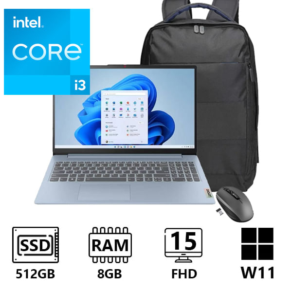 Portátil Lenovo Ip Slim 3 Core I3 N305 Ram 8GB Ssd 512GB 15.6’FHD Win 11 Mas Morral y Mouse Inalambrico
