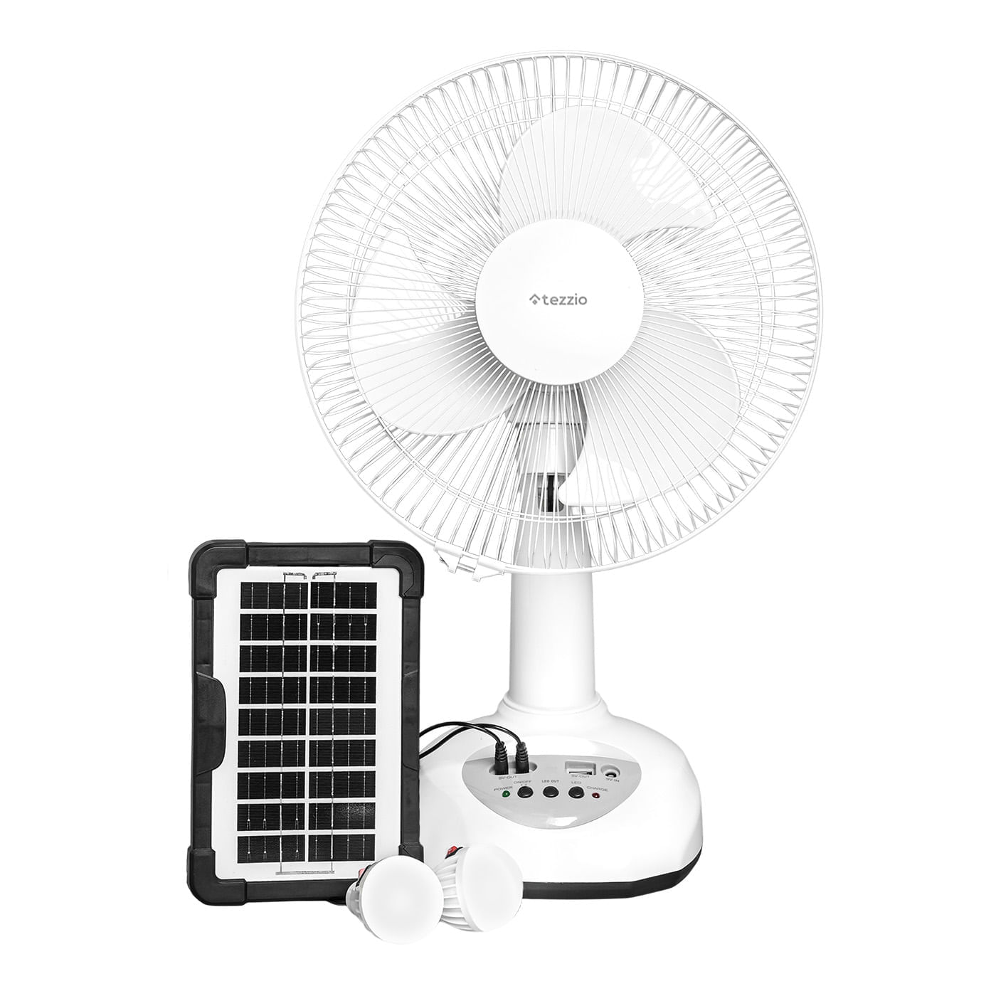 Ventilador de Mesa Recargable 12” con Panel Solar, Bombillos LED y Puerto USB – 35W