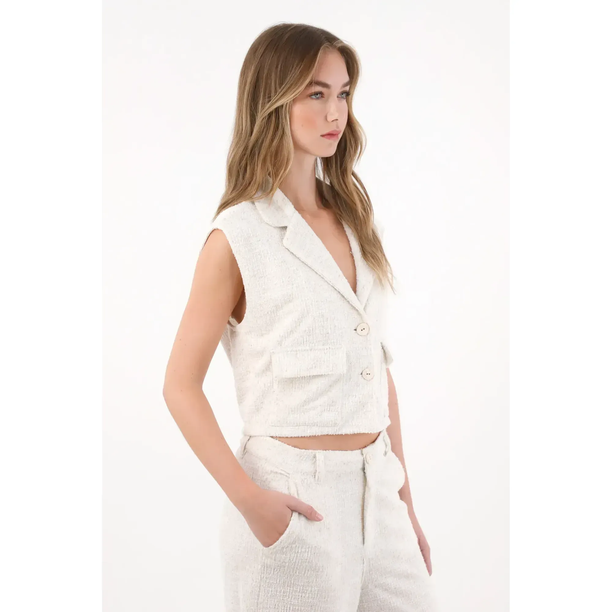 Chaleco en tweed con cuello sastre blanco para mujer
