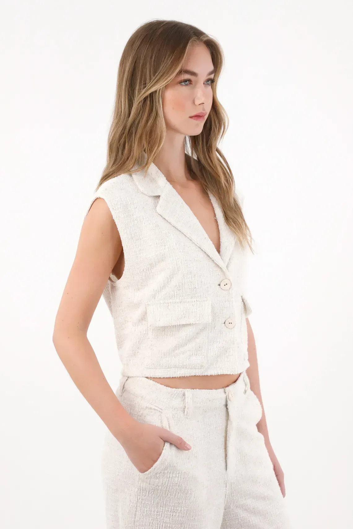 Chaleco en tweed con cuello sastre blanco para mujer