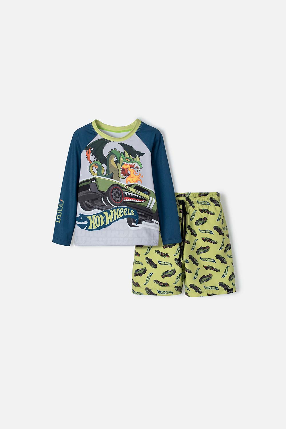 Conjunto de baño de Hot Wheels verde, azul y gris manga larga para niño 2T a 5T