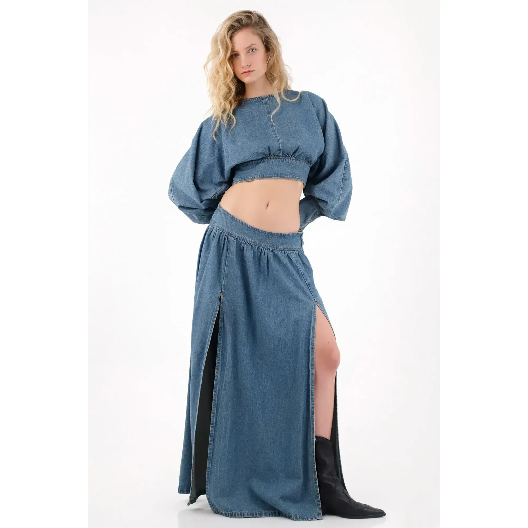 Falda larga denim con aberturas azul para mujer