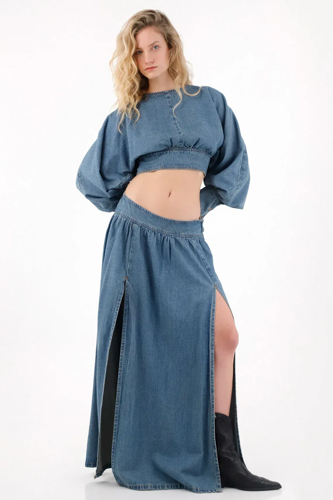 Falda larga denim con aberturas azul para mujer