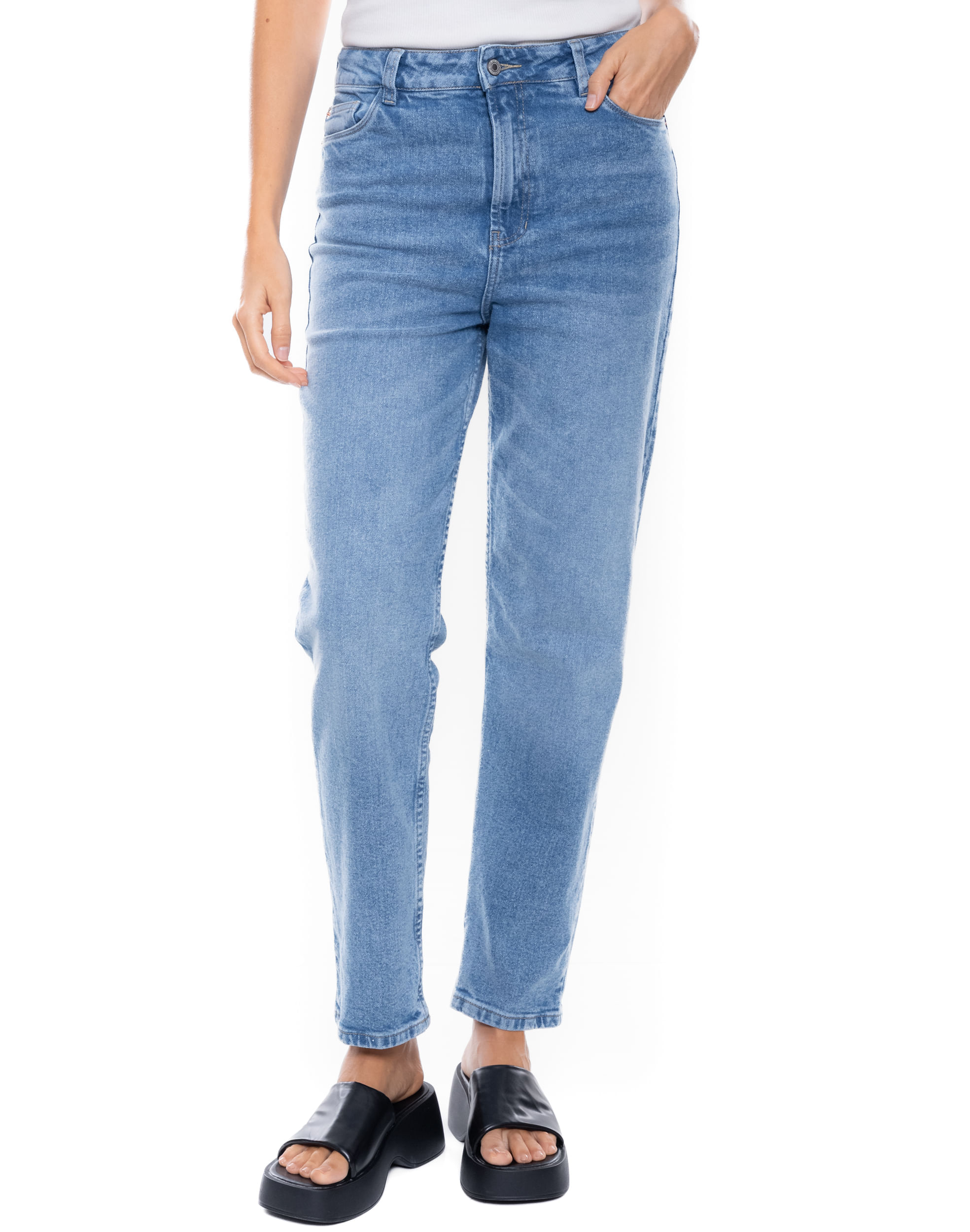 High Waist Straight Fit Jeans Tono Medio