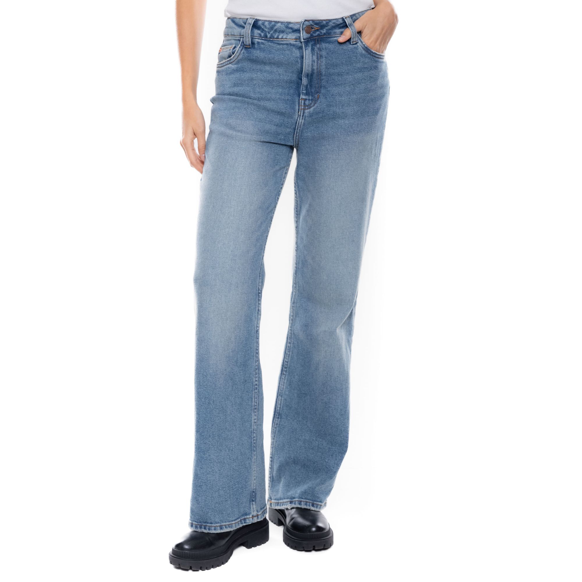 High Waist Flare Jeans Tono Medio Con Desgastes