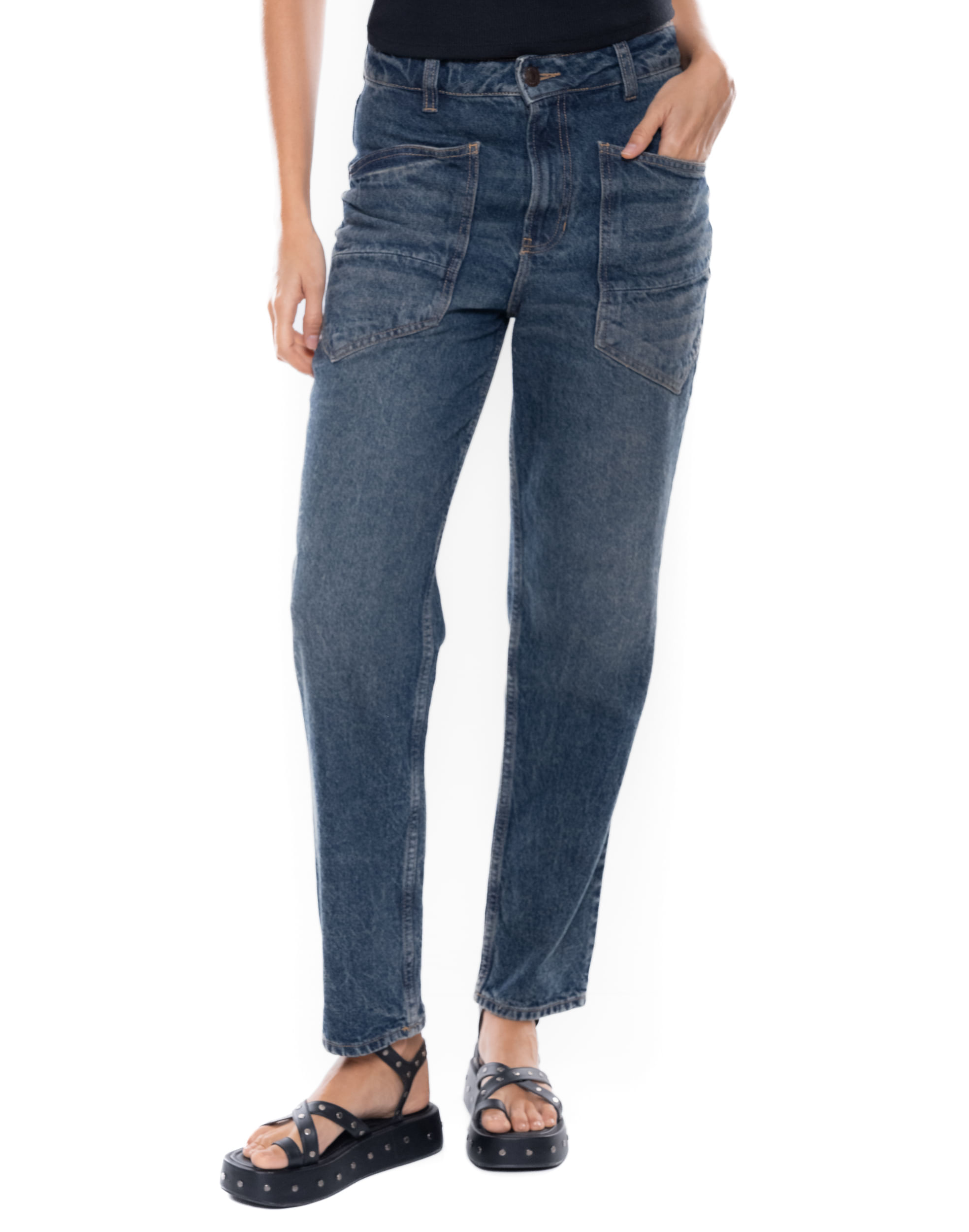 High Waist Mom Fit Jeans Tono Oscuro con Bolsillos Tipo Parche
