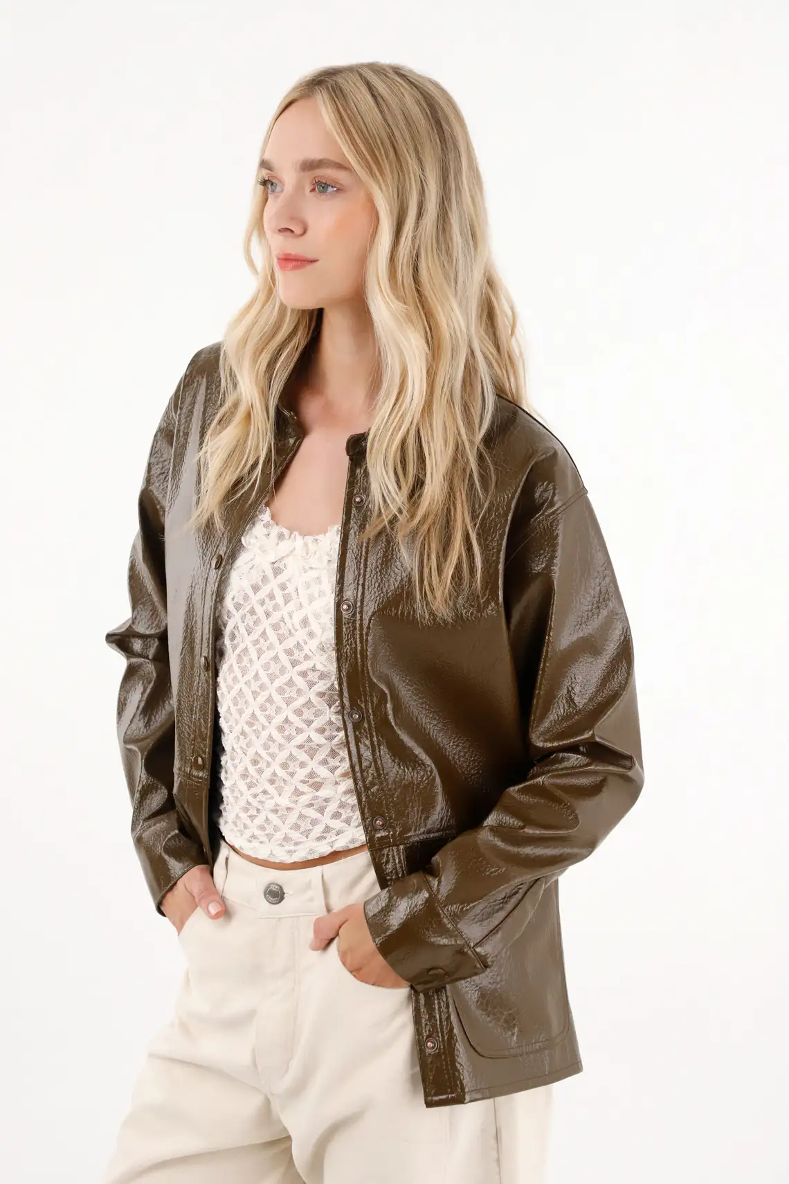 Chaqueta en cuero sintético larga para mujer