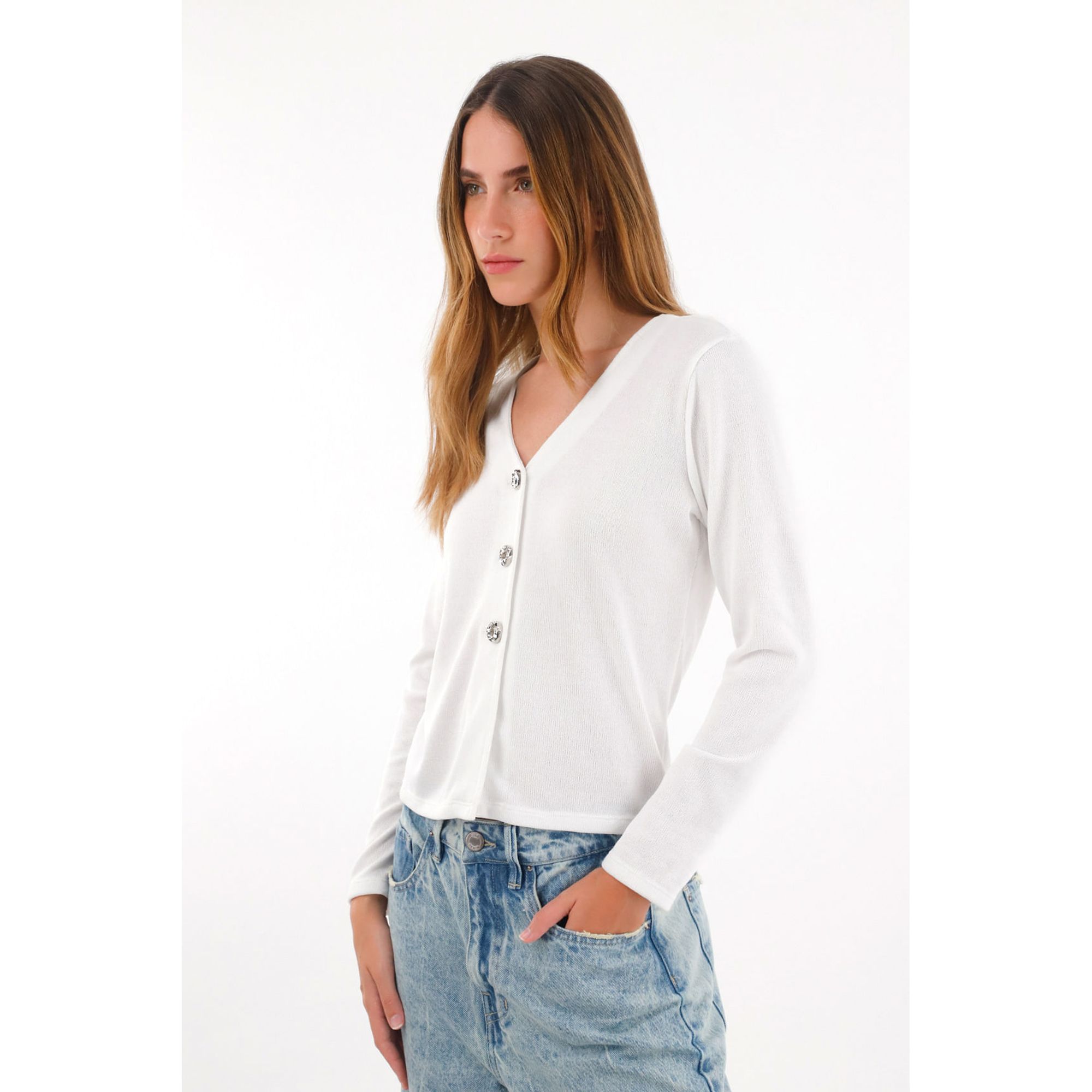 Buzo tejido con botones en frente crudo para mujer