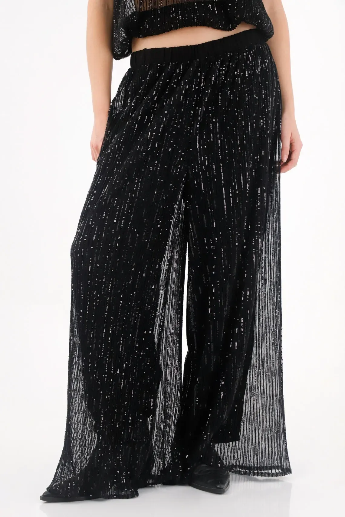 Pantalón Wide Leg de lentejuelas negro para mujer